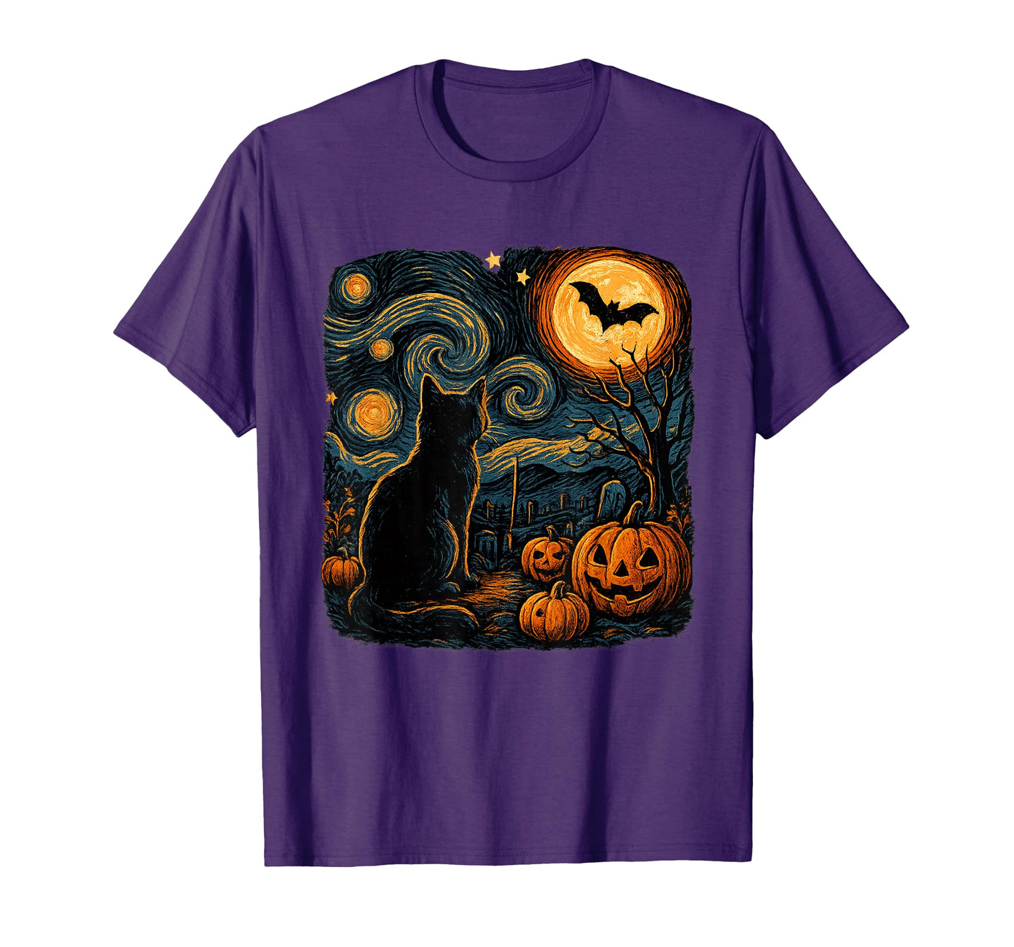 Halloween Black Cat Van Gogh Starry Night Cat Lovers Cat T-Shirt