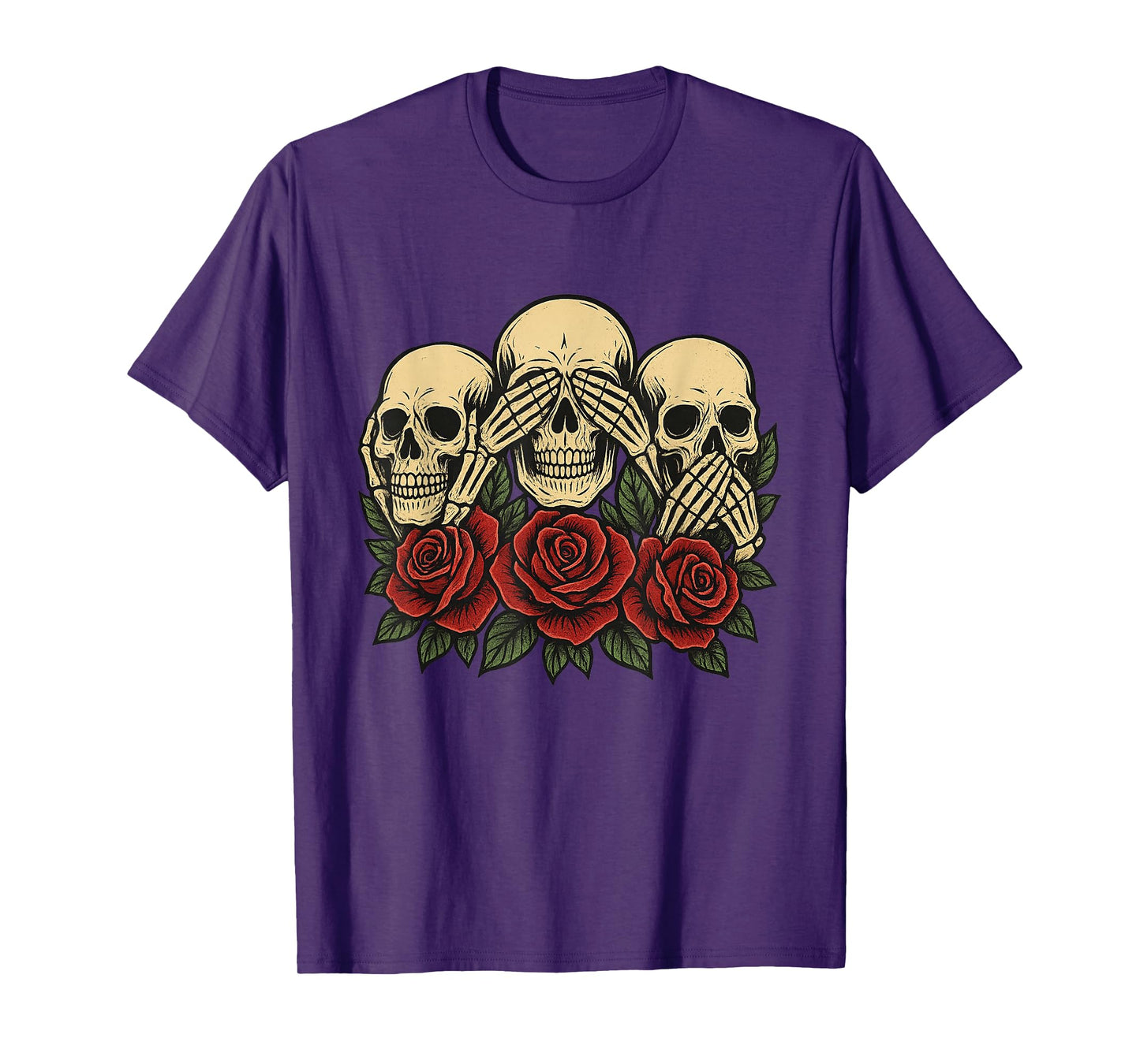 See No Evil Hear No Evil Speak No Evil Skeleton Skull Roses T-Shirt