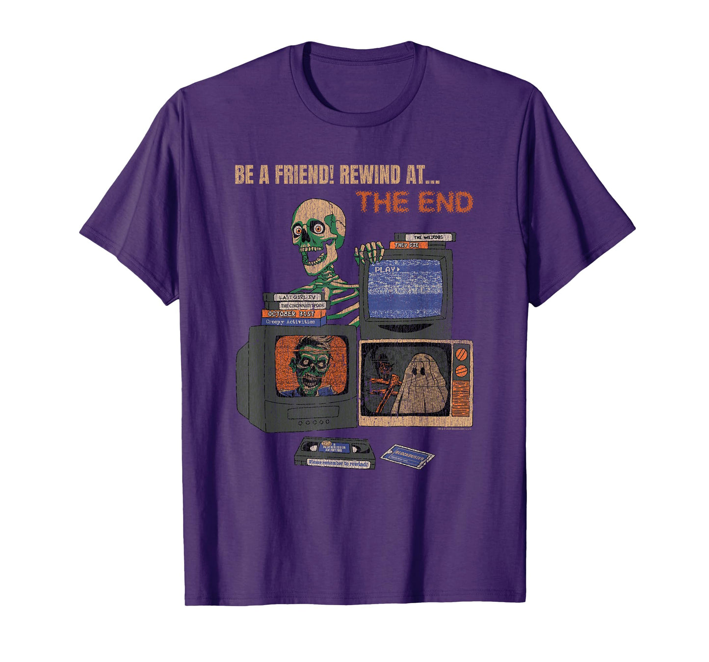 Blockbuster Rewind At the End Horror Movie Skeleton Vintage T-Shirt