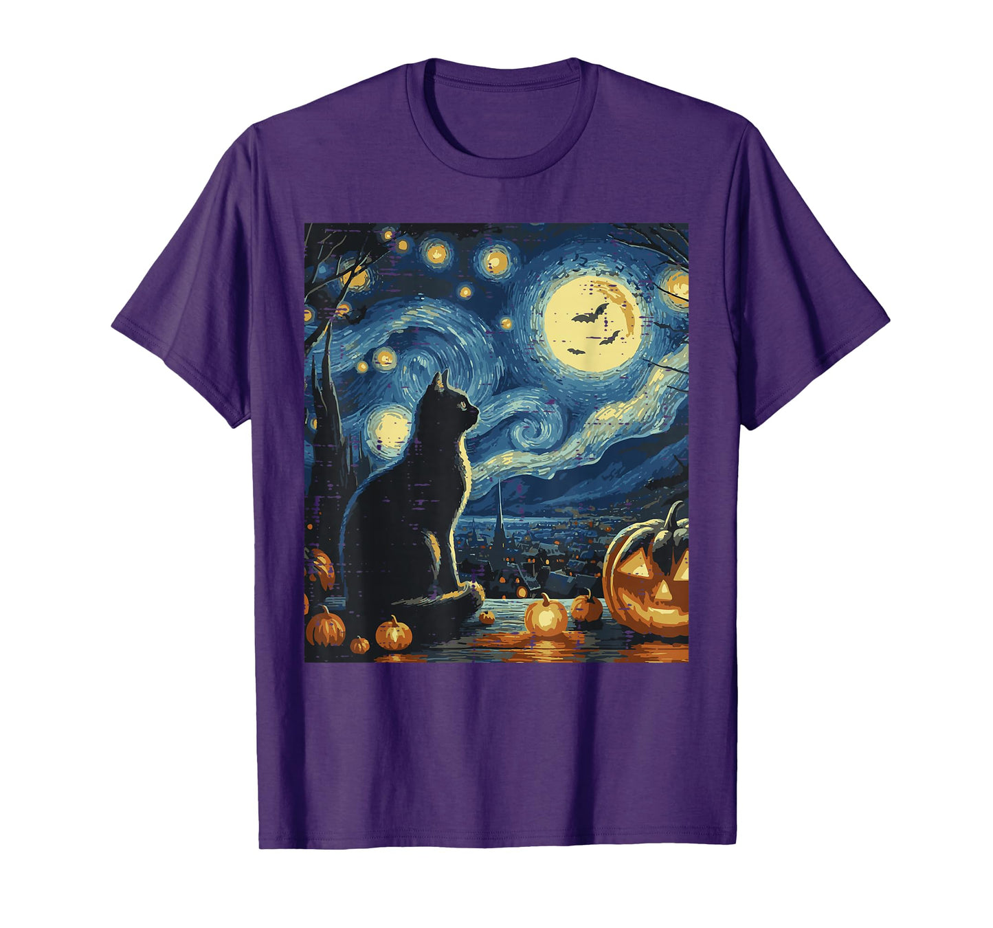 Halloween Cat Starry Night Funny Costume Art Women Men Kids T-Shirt