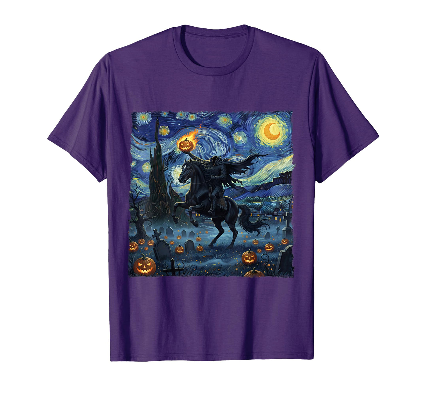 Headless Horseman Halloween Scary Pumpkin Starry Night Art T-Shirt