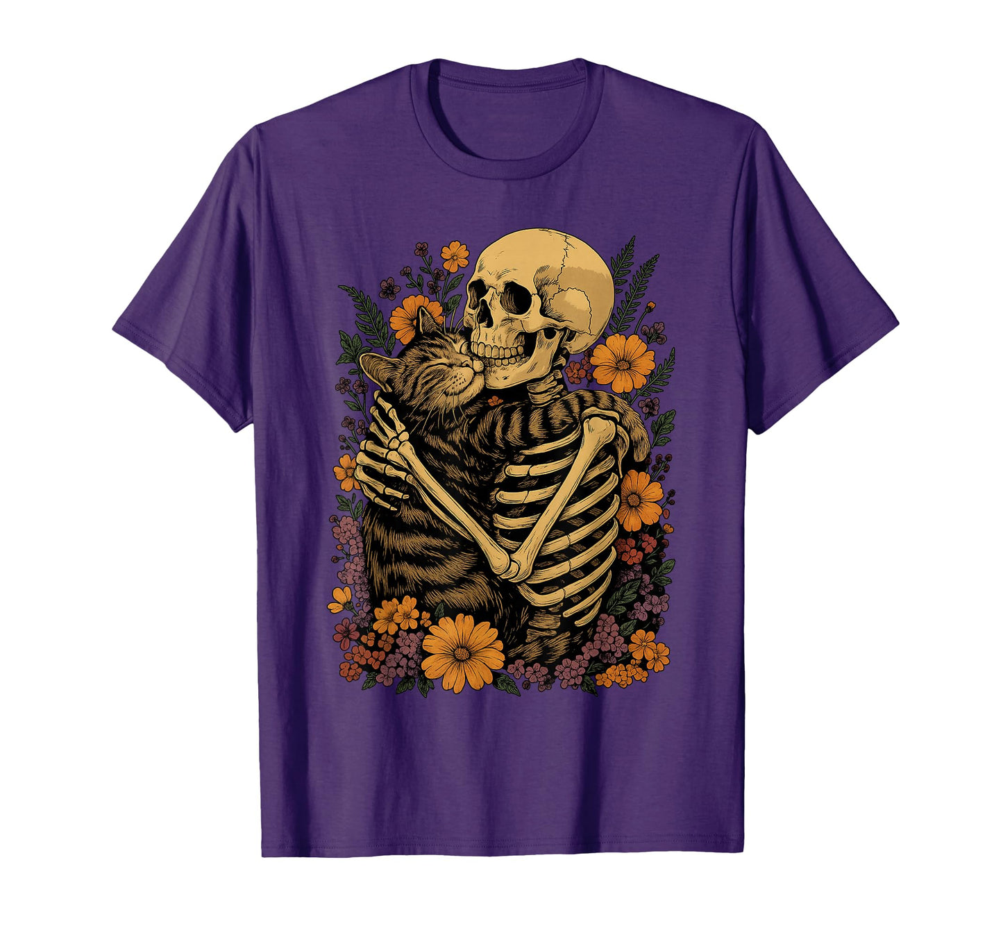Skeleton Hugging Cat Floral Halloween Cats Lover T-Shirt