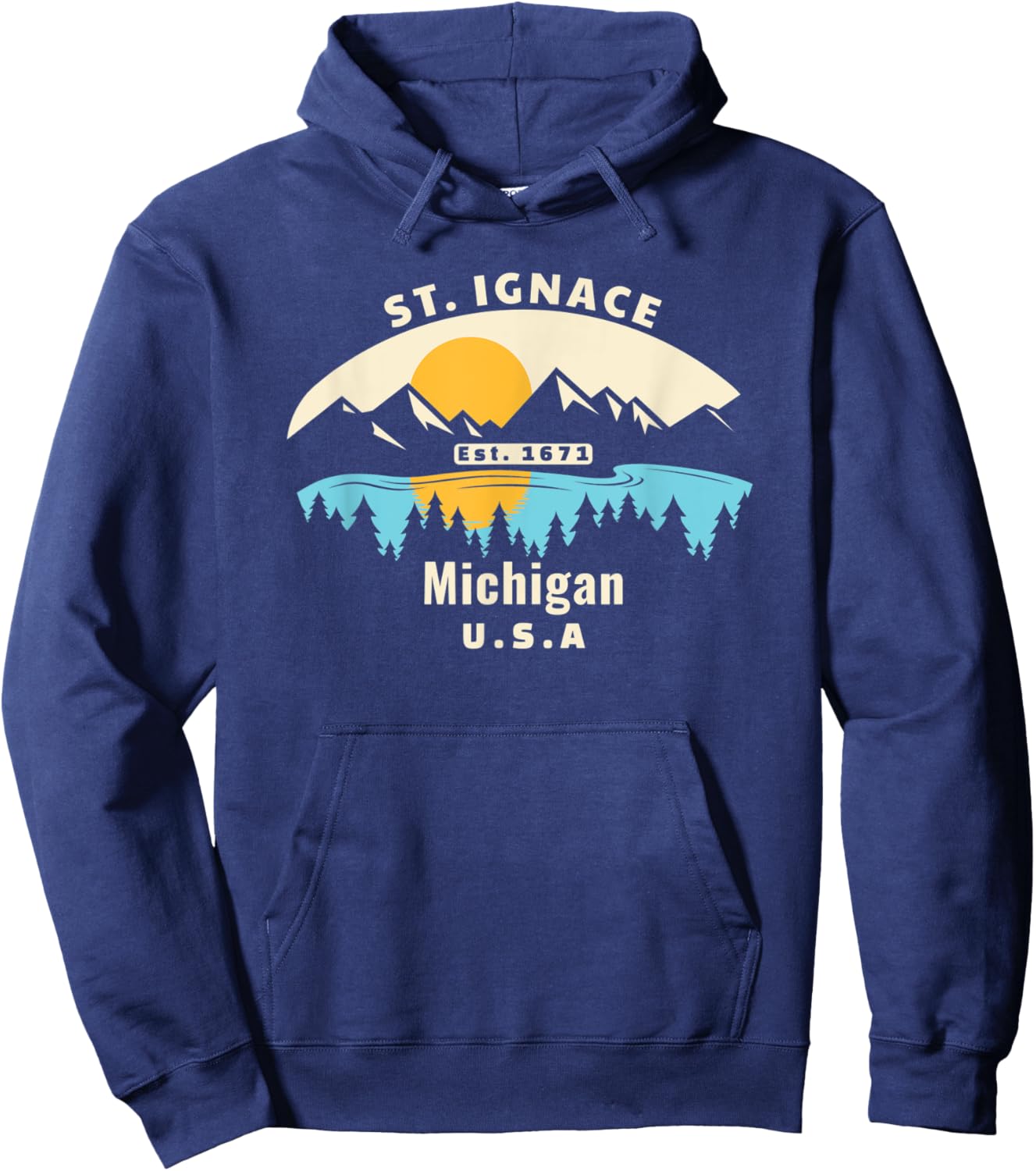 St. Ignace Michigan Souvenir Mountain Sunset River Hoodie - Hoodie | Navy