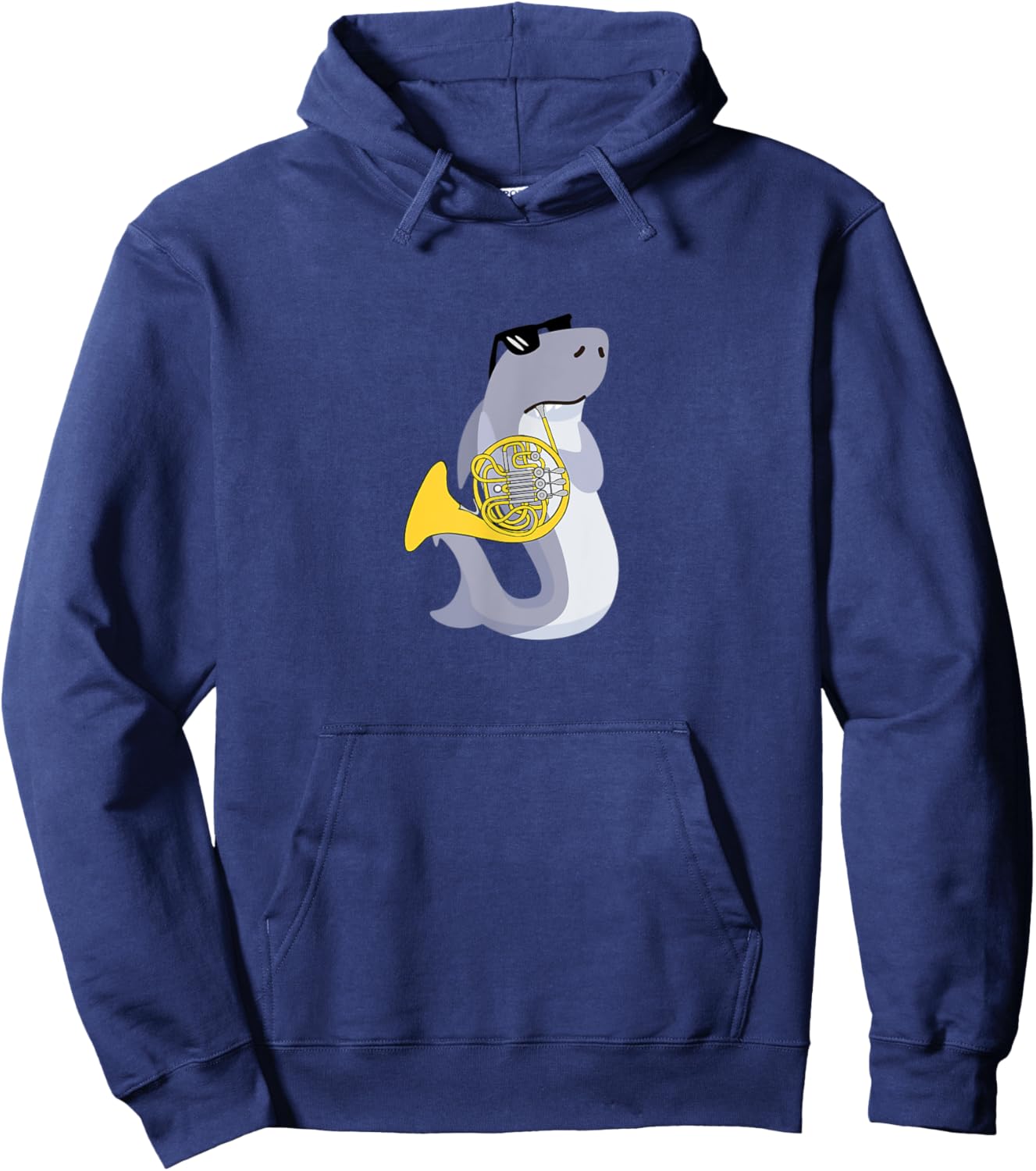 Funny Shark Wearing Sunglasses Playing French Horn Hoodie - Hoodie | Navy
