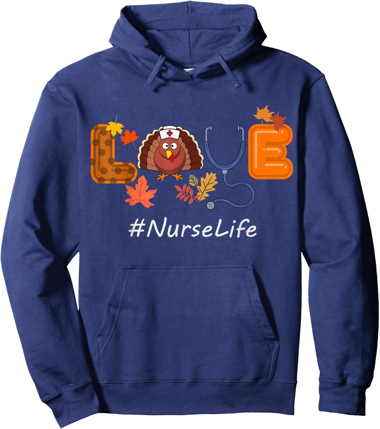 LOVE Turkey Thanksgiving Nurse Life Fall Scrub Top Hoodie - Hoodie | Navy
