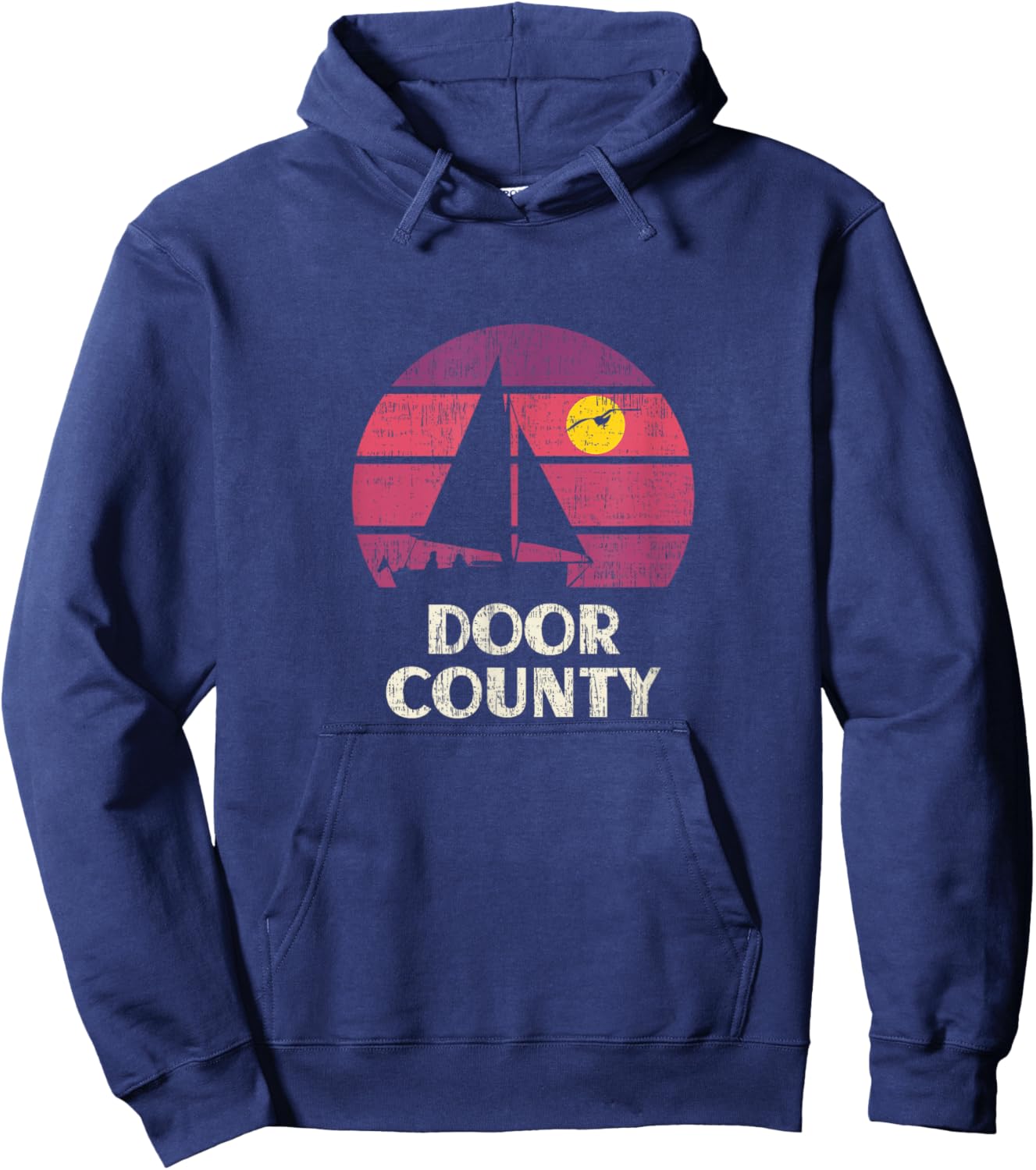 Door County WI Sailing Retro 70s Vintage Sunset Sailboat Hoodie - Hoodie | Navy