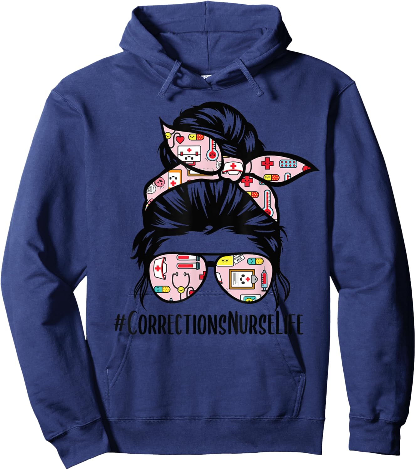 Corrections Nurse Life messy bun hair glasses Hoodie - Hoodie | Navy