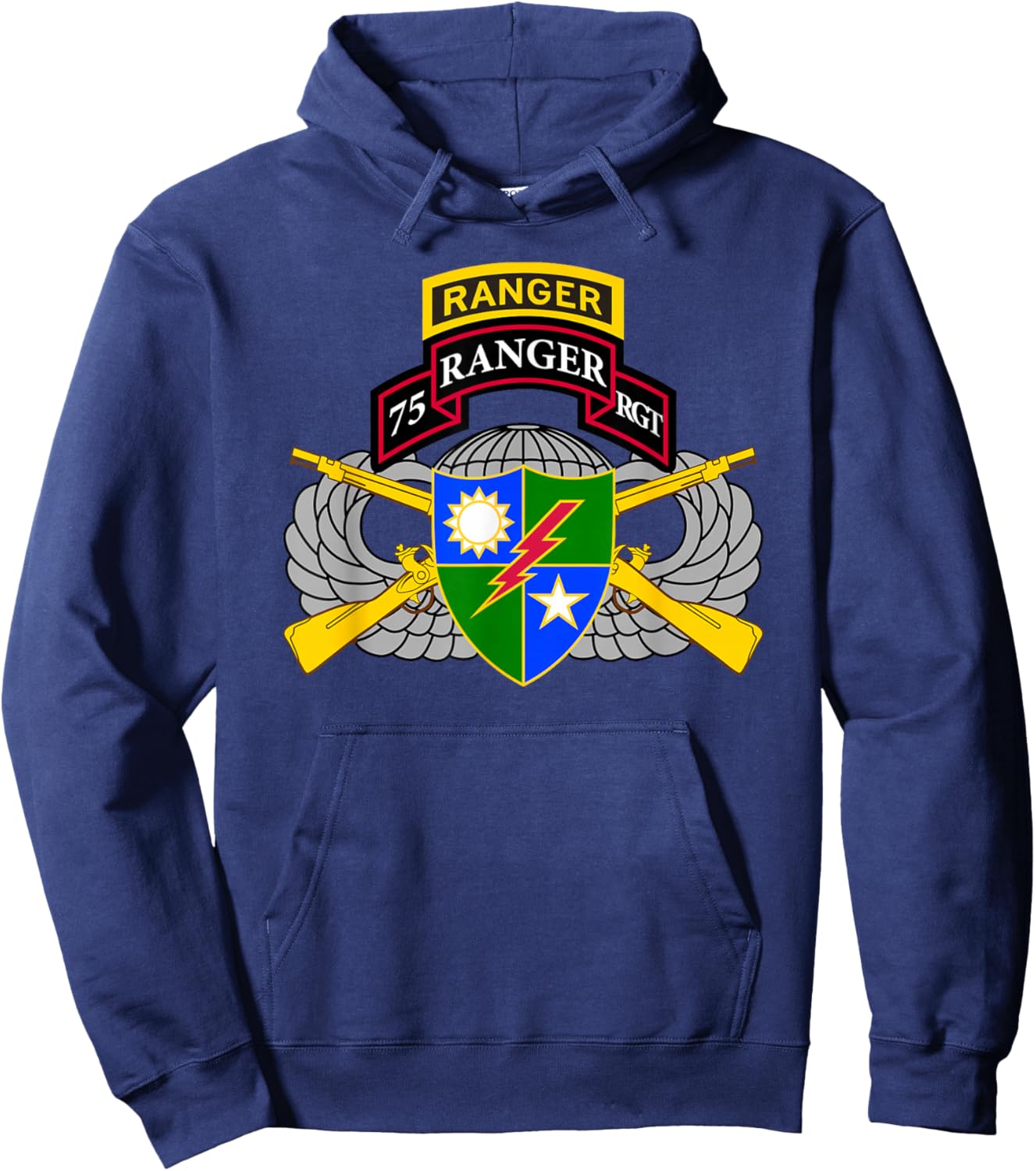 US Army Ranger - 75th Scroll, Tab, Airborne Wings, Rifles Hoodie - Hoodie | Navy