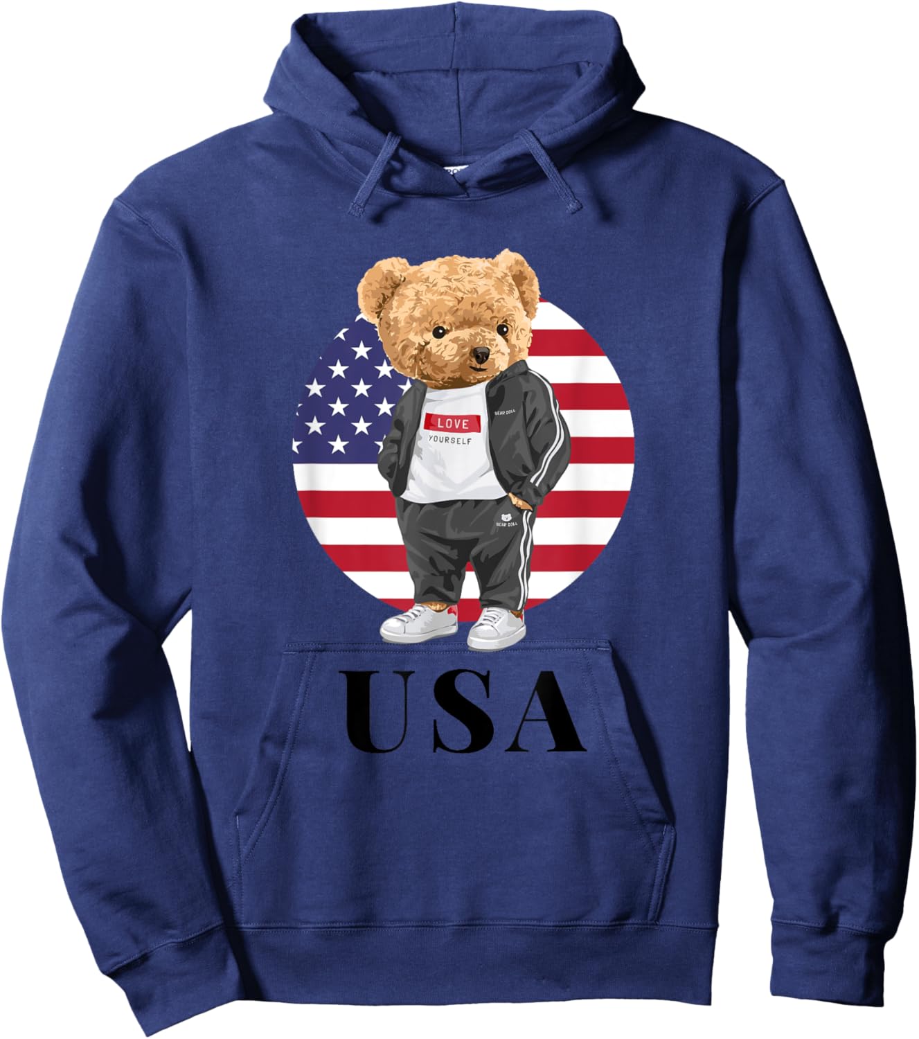 Love Yourself, Cool Illustration Teddy Bear With USA Flag Hoodie - Hoodie | Navy