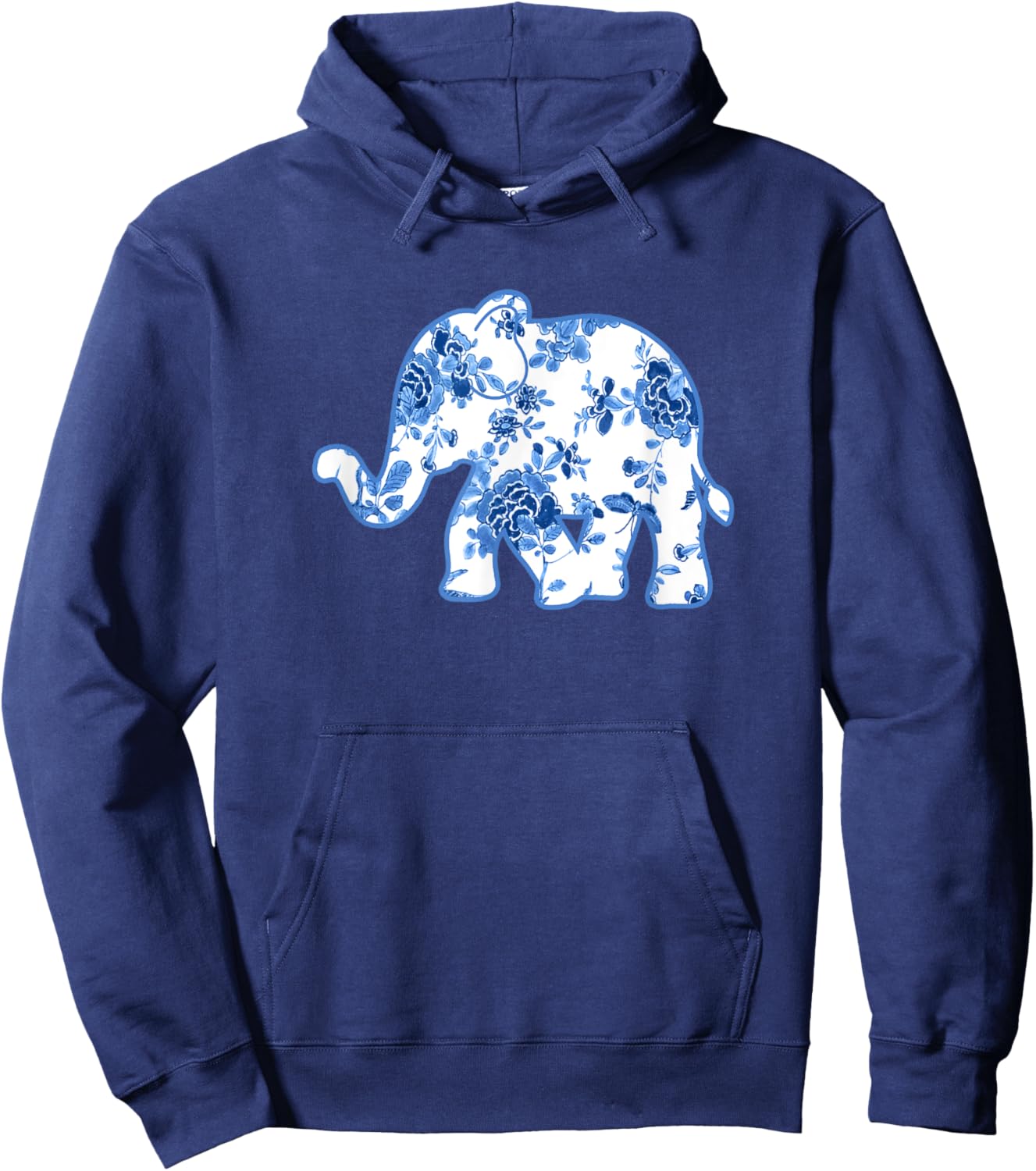 Elephant Chinoiserie Shirt Blue White Floral Pattern Hoodie - Hoodie | Navy