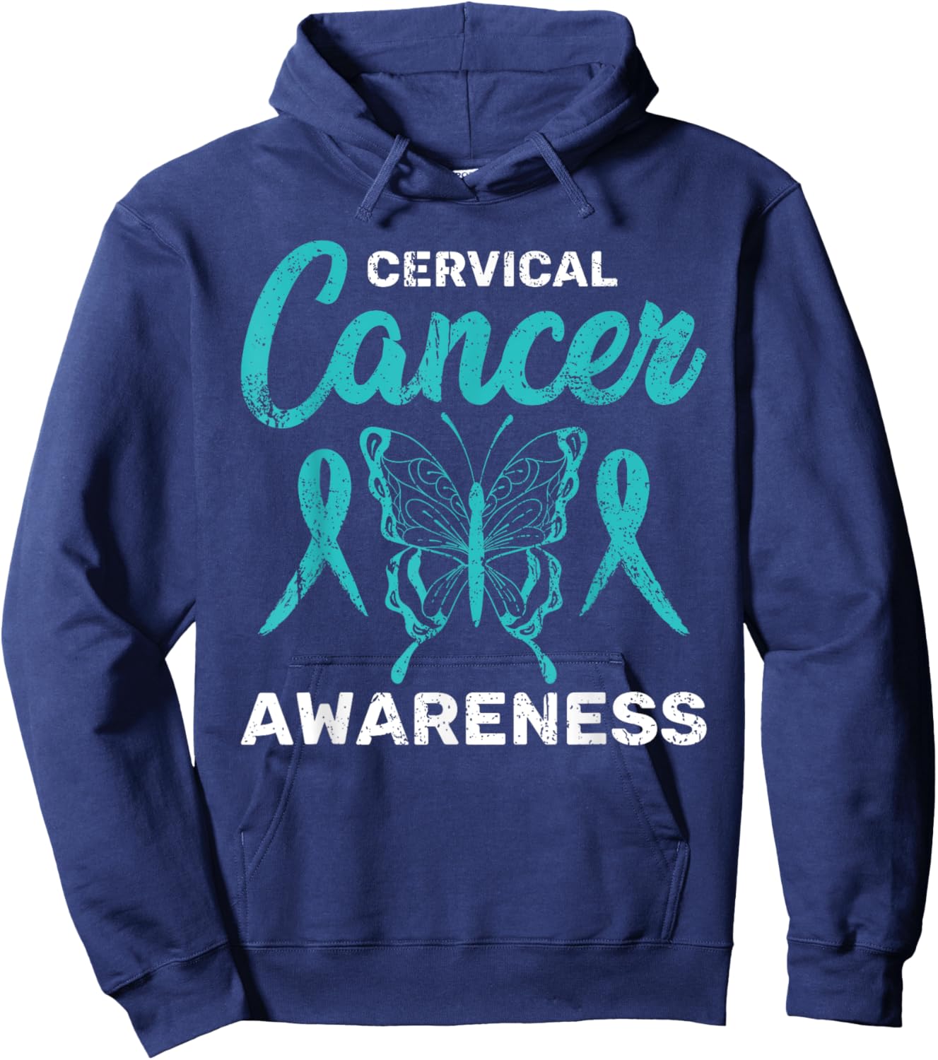 Teal Ribbon Butterfly Cancer Survivor Cervical Cancer Hoodie - Hoodie | Navy