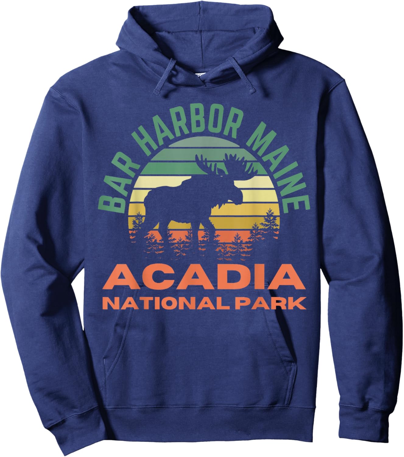 Bar Harbor Maine Acadia National Park Moose Retro Sunset Hoodie - Hoodie | Navy