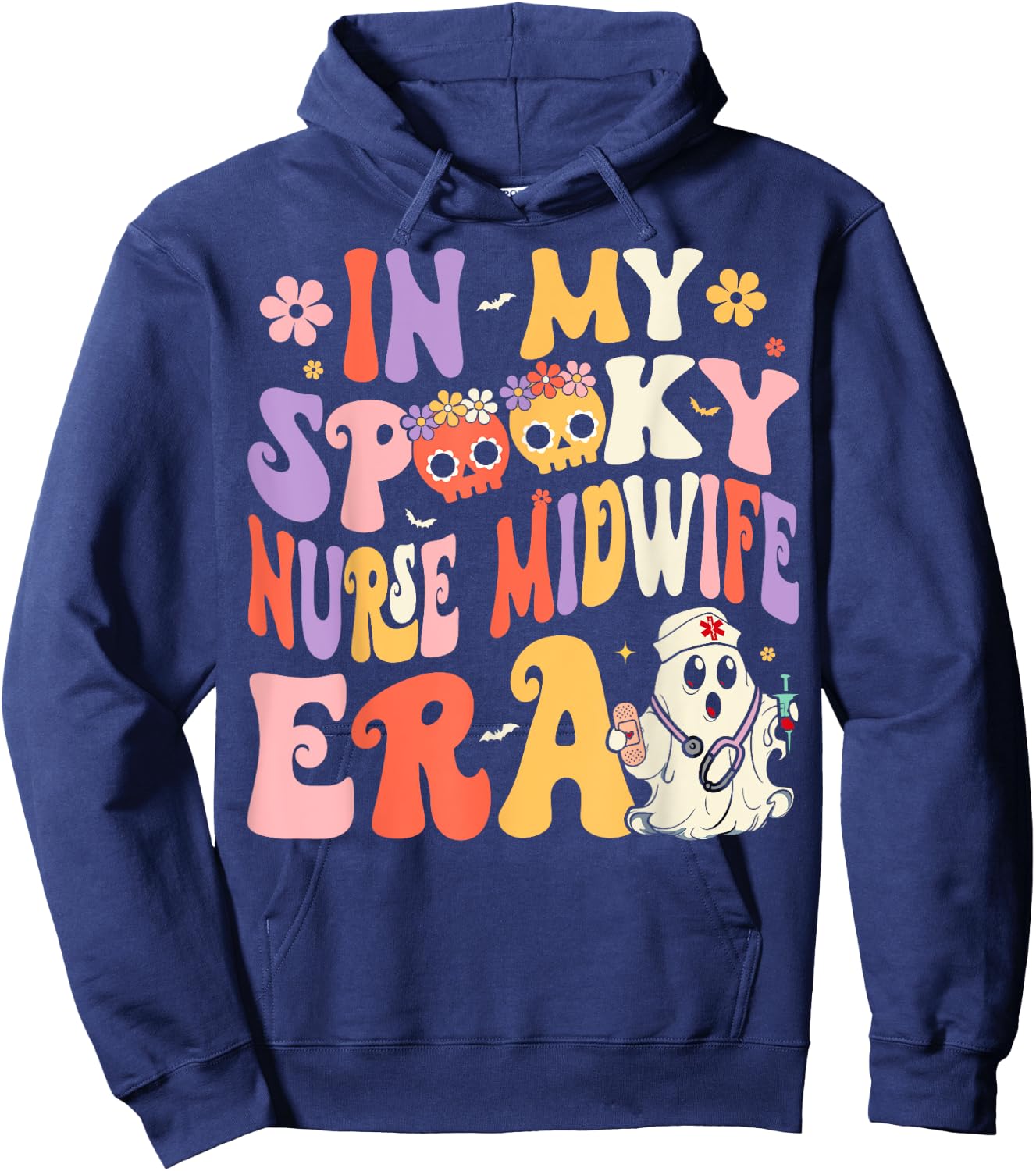 In My Spooky Nurse Midwife Era Groovy Ghost Halloween Nurse Hoodie - Hoodie | Navy