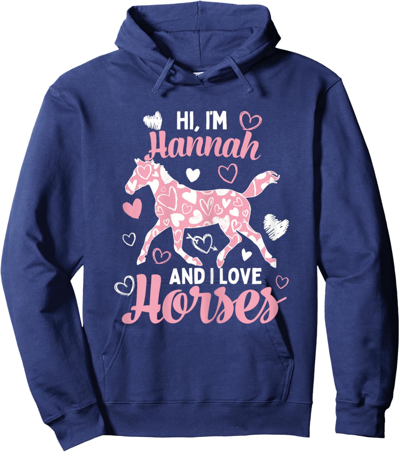 Hi I'm Hannah And I Love Horses - Cute Heart Pattern Horse Hoodie - Hoodie | Navy