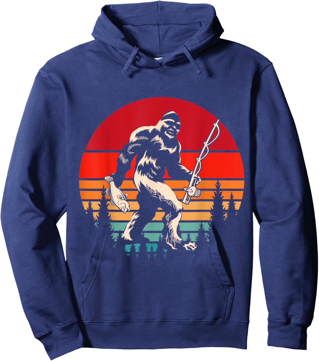 Retro Yeti Sasquatch Cryptid Fishermen Gift Fishing Bigfoot Hoodie - Hoodie | Navy