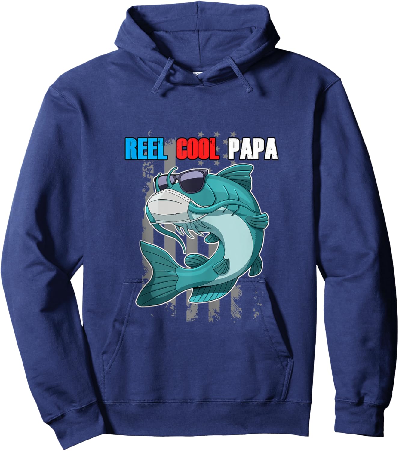 Reel Cool Papa Fish In Mask Sunglasses USA Flag Fishing Hoodie - Hoodie | Navy