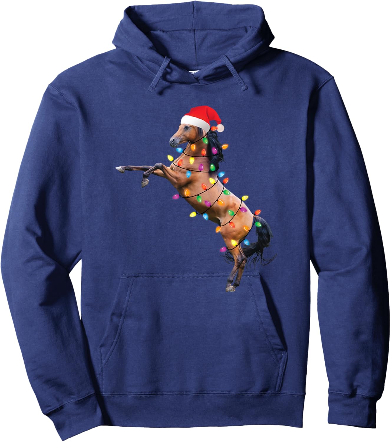 Christmas Lights Horse Santa Funny Xmas Tree Horse Hoodie - Hoodie | Navy