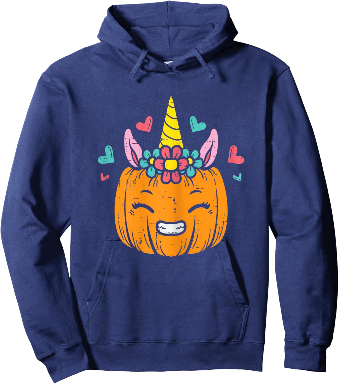 Pumpkin Unicorn Face Cute Halloween Costume Women Girls Hoodie - Hoodie | Navy