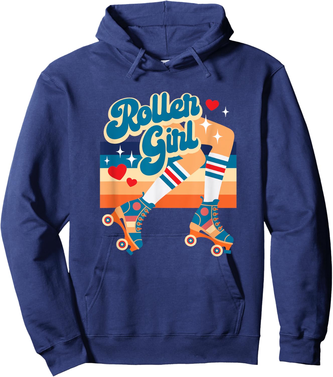 Retro Vintage Roller Girl Roller Skates w Hearts And Stripes Hoodie - Hoodie | Navy