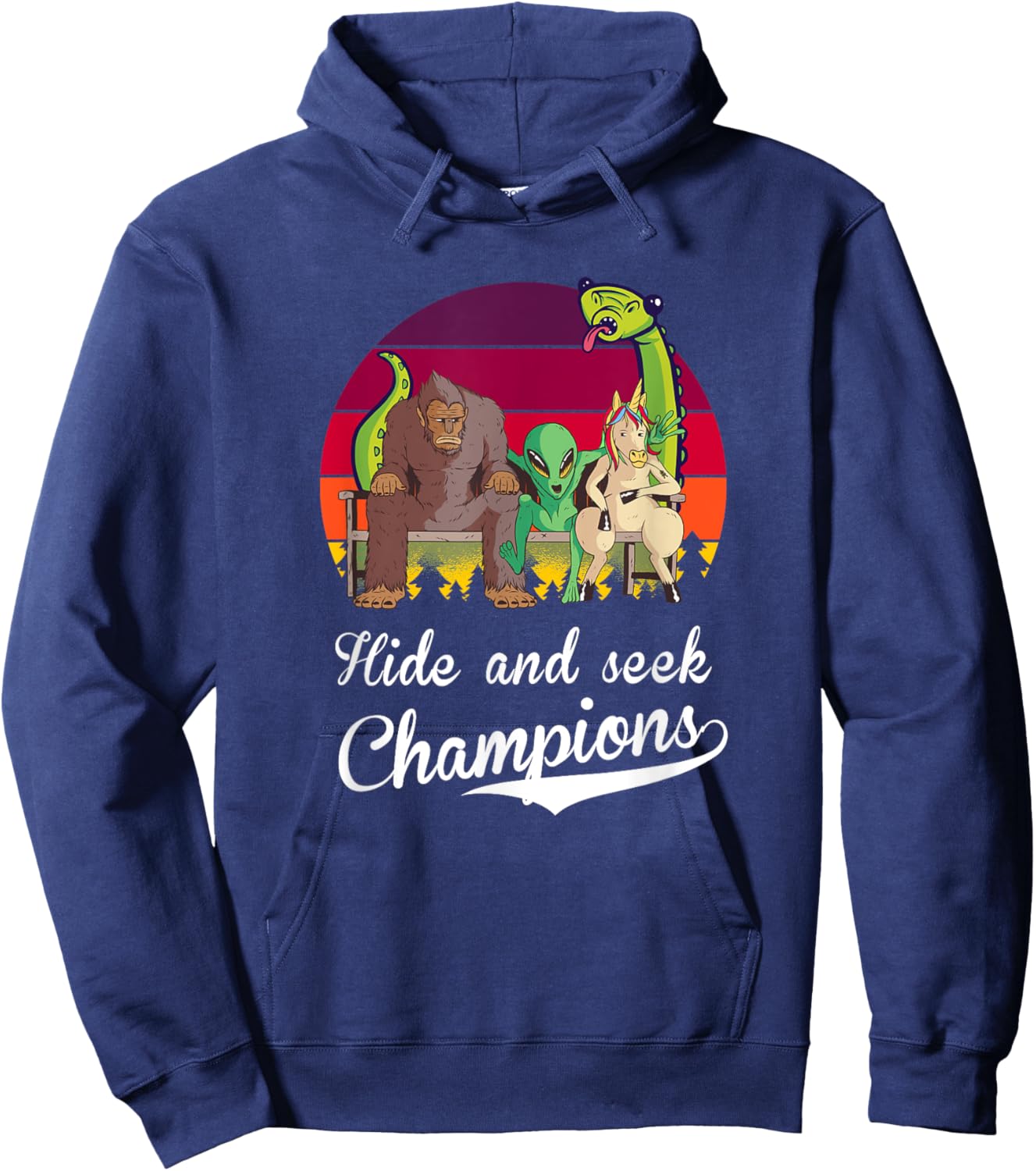 Hide and Seek Champions, Bigfoot, Alien, Unicorn, Loch Ness Hoodie - Hoodie | Navy
