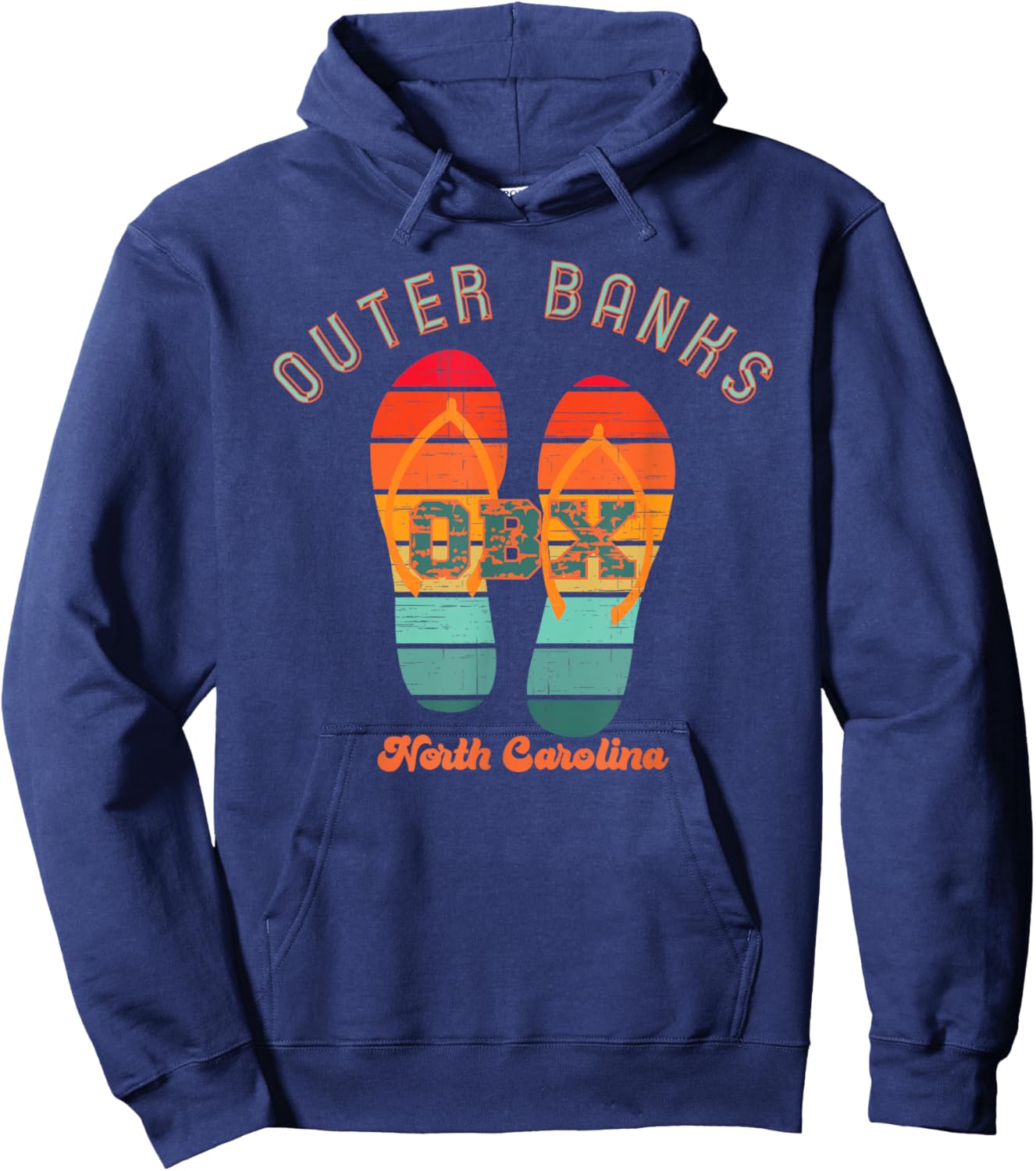 NC OBX Retro Beach Family Vacation Outer Banks Flip Flops Men Women Girls Kids Hoodie - Hoodie | Navy