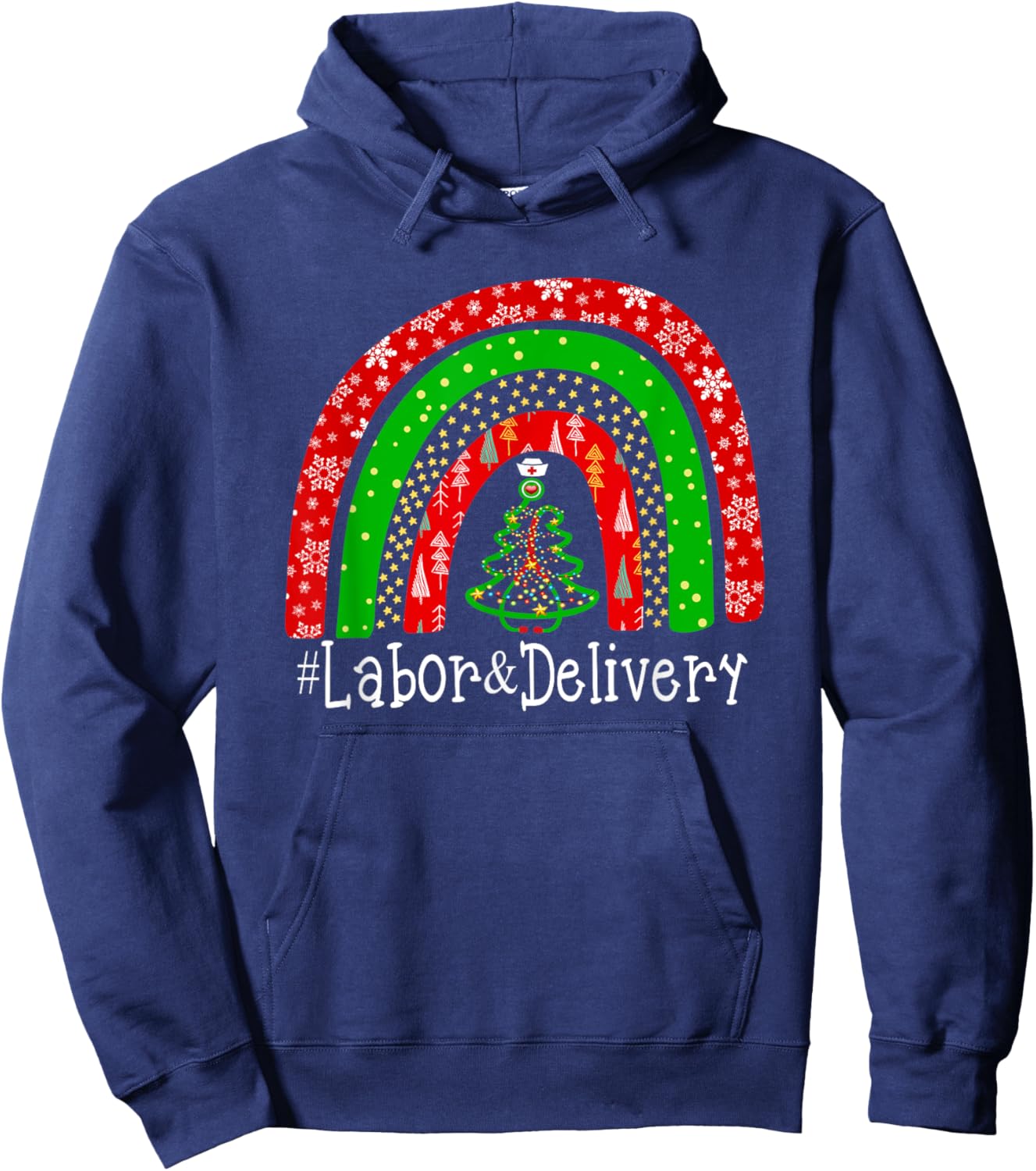 Christmas Labor Delivery Nurse Cute Rainbow L&D Nursing Hoodie - Hoodie | Navy
