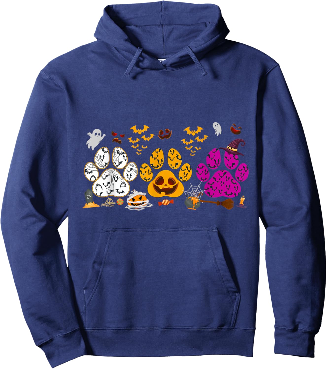 Funny Paw Print Halloween Dog Candy Pumpkin Ghost Dog Lovers Hoodie - Hoodie | Navy