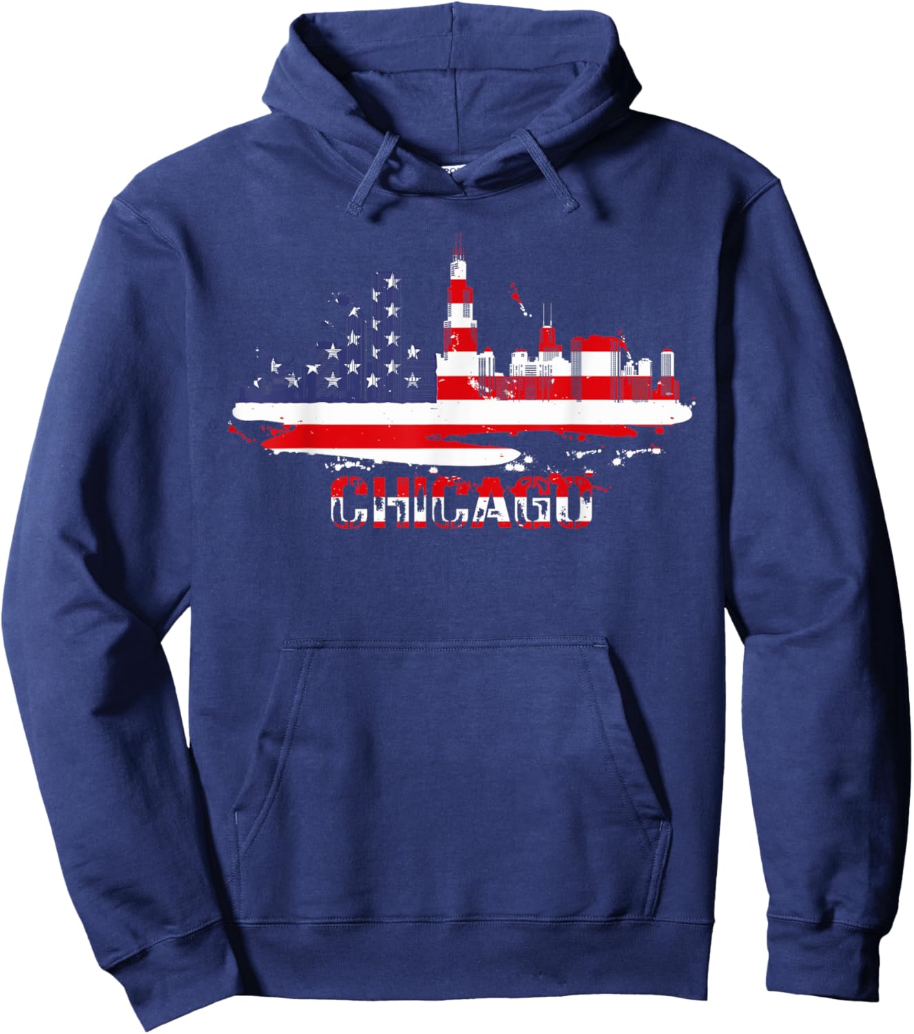 USA American Flag Cityscape - Chicago Illinois Skyline Hoodie - Hoodie | Navy