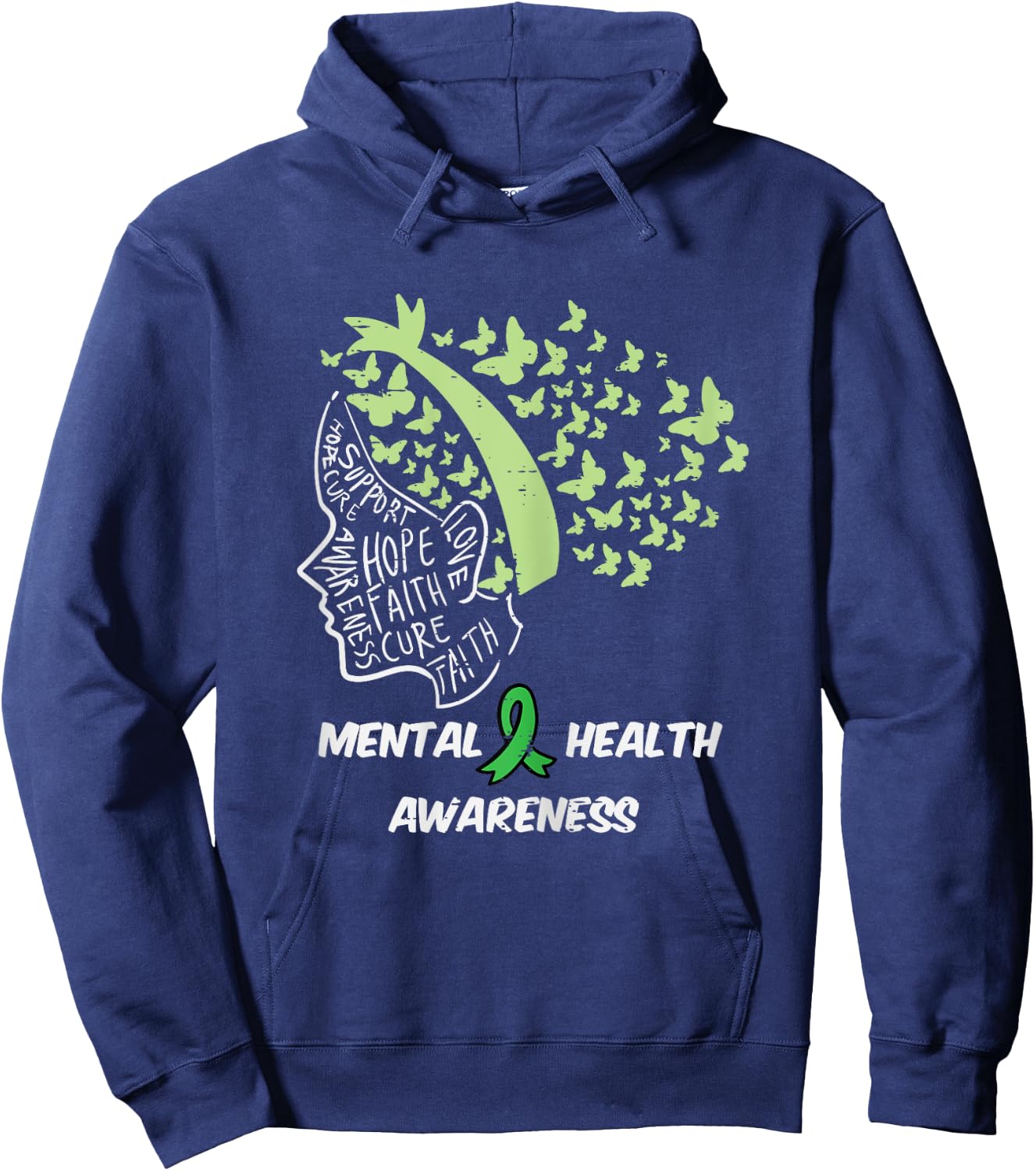 Mental Health Hope Cure Butterfly Hair Aware Girl Kids Women Hoodie - Hoodie | Navy