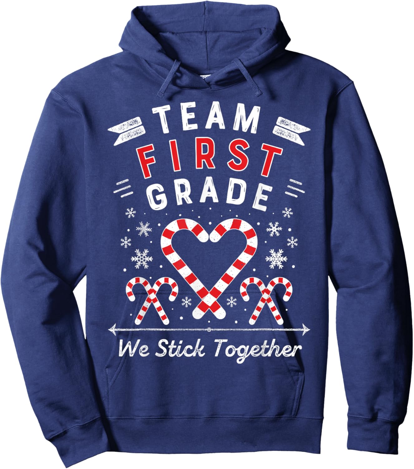 Team First Grade Christmas Candy Cane Heart 1st Xmas Teacher Hoodie - Hoodie | Navy