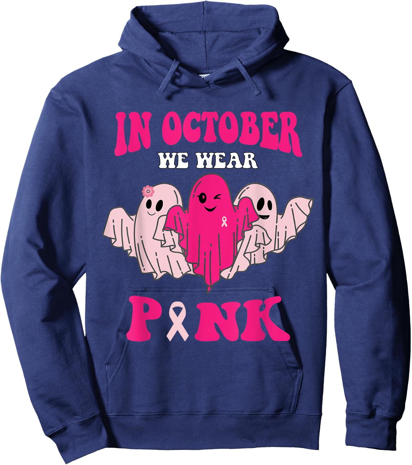 Groovy Breast Cancer Awareness In October We Wear Pink Hoodie - Hoodie | Navy