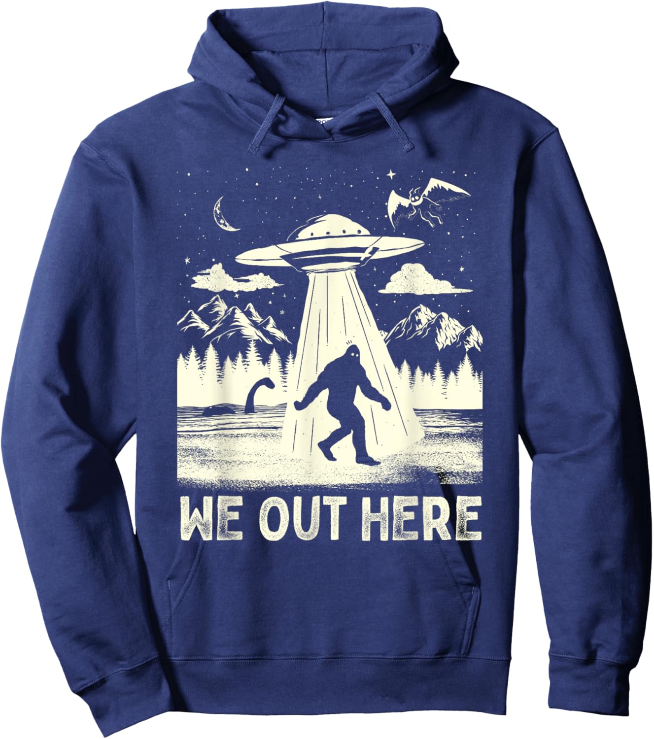 We Out Here Funny Bigfoot Mothman Cryptid UFO Abduction Hoodie - Hoodie | Navy