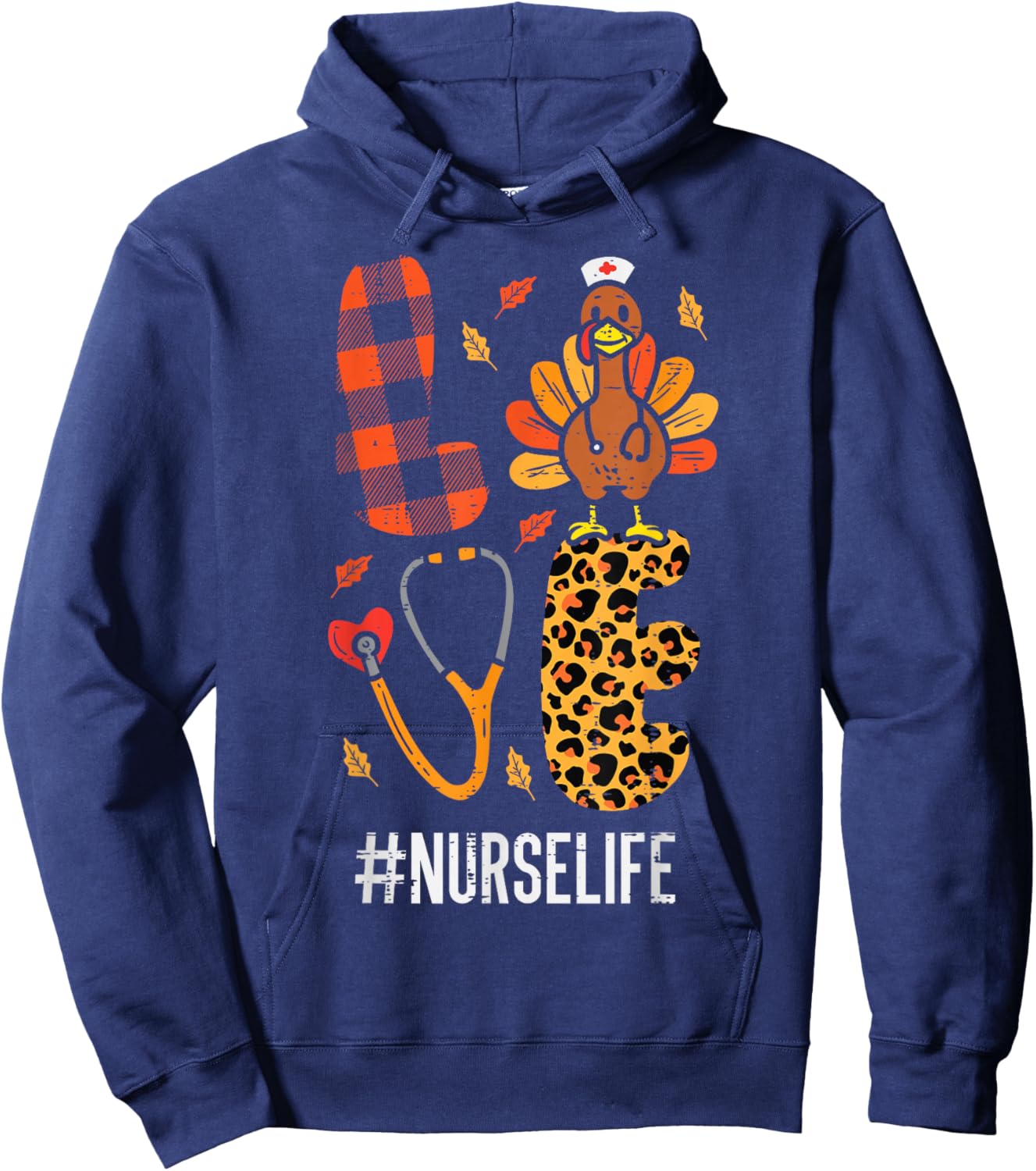 Love Turkey Stethoscope Nurse Thanksgiving Fall Scrub Women Hoodie - Hoodie | Navy