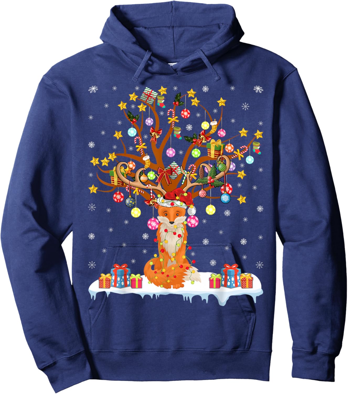 Fox Xmas Lighting Tree Santa Fox Christmas Tree Hoodie - Hoodie | Navy