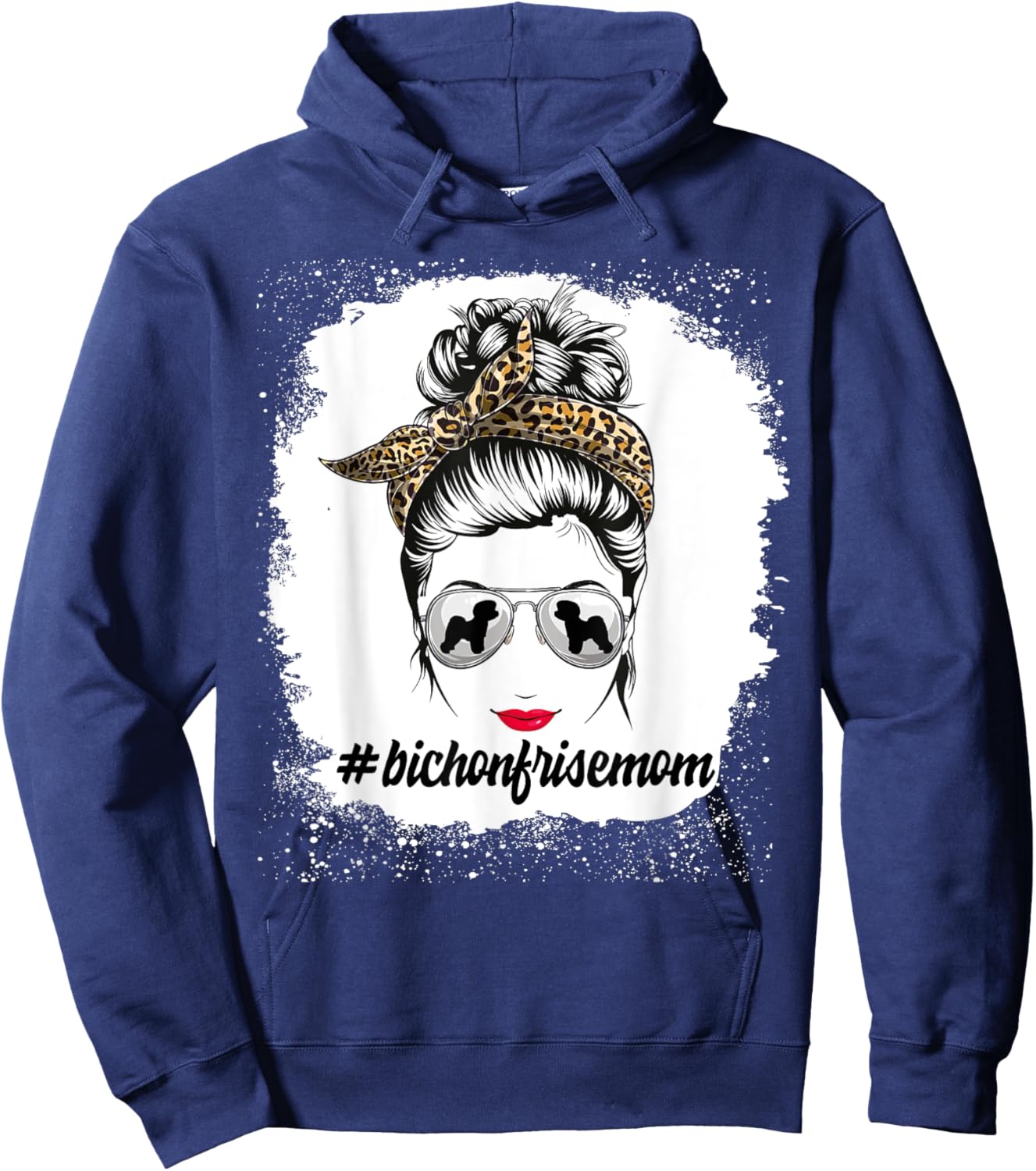 Bichon Frise Dog Mom Bleached Messy Bun Leopard Women Hoodie - Hoodie | Navy