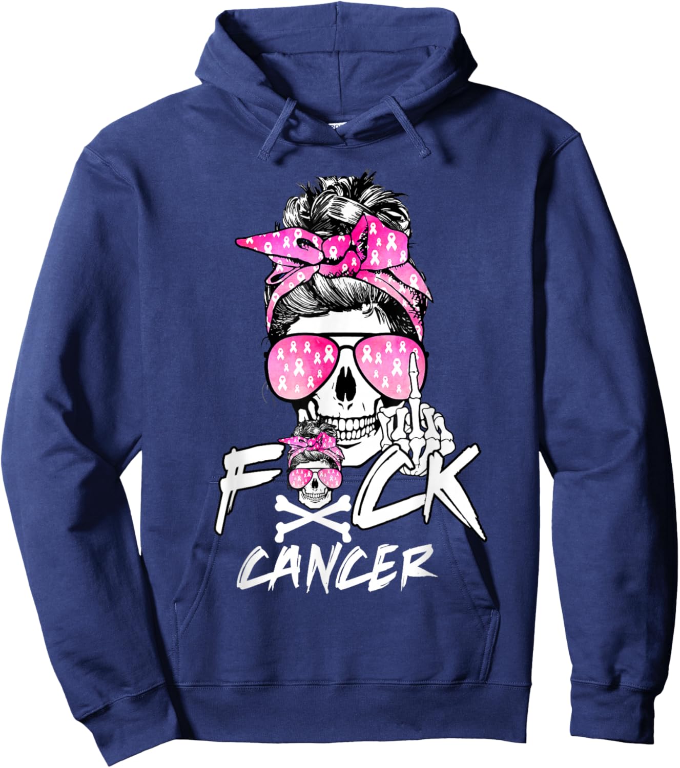 Fuck Breast Cancer Women Warrior Pink Ribbon Messy Bun Hair Hoodie - Hoodie | Navy