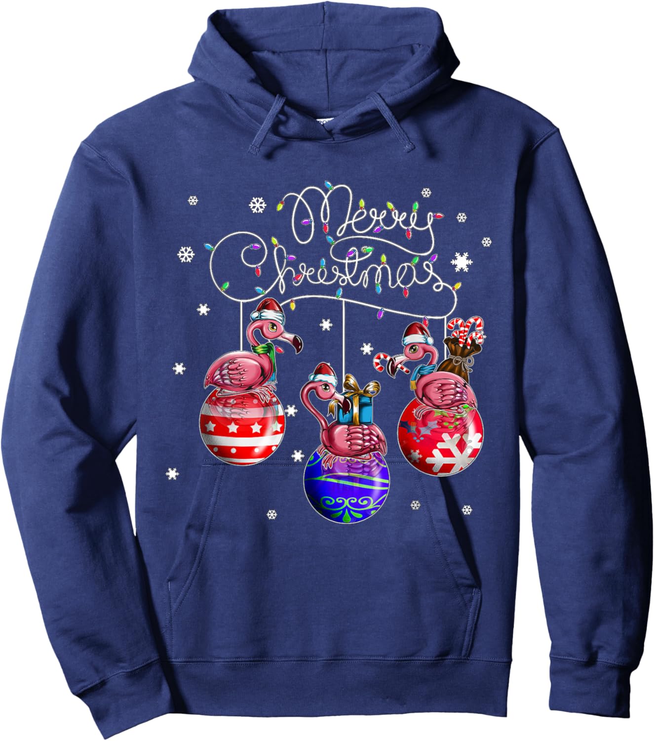 Merry Christmas Flamingo Christmas Ball Motif Christmas Hoodie - Hoodie | Navy