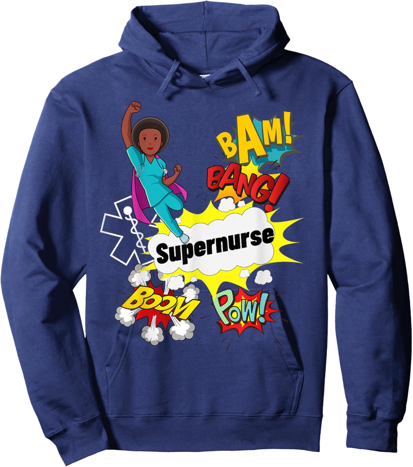 Supernurse Comic Superhero Style RN Black Woman Nursing Gift Hoodie - Hoodie | Navy