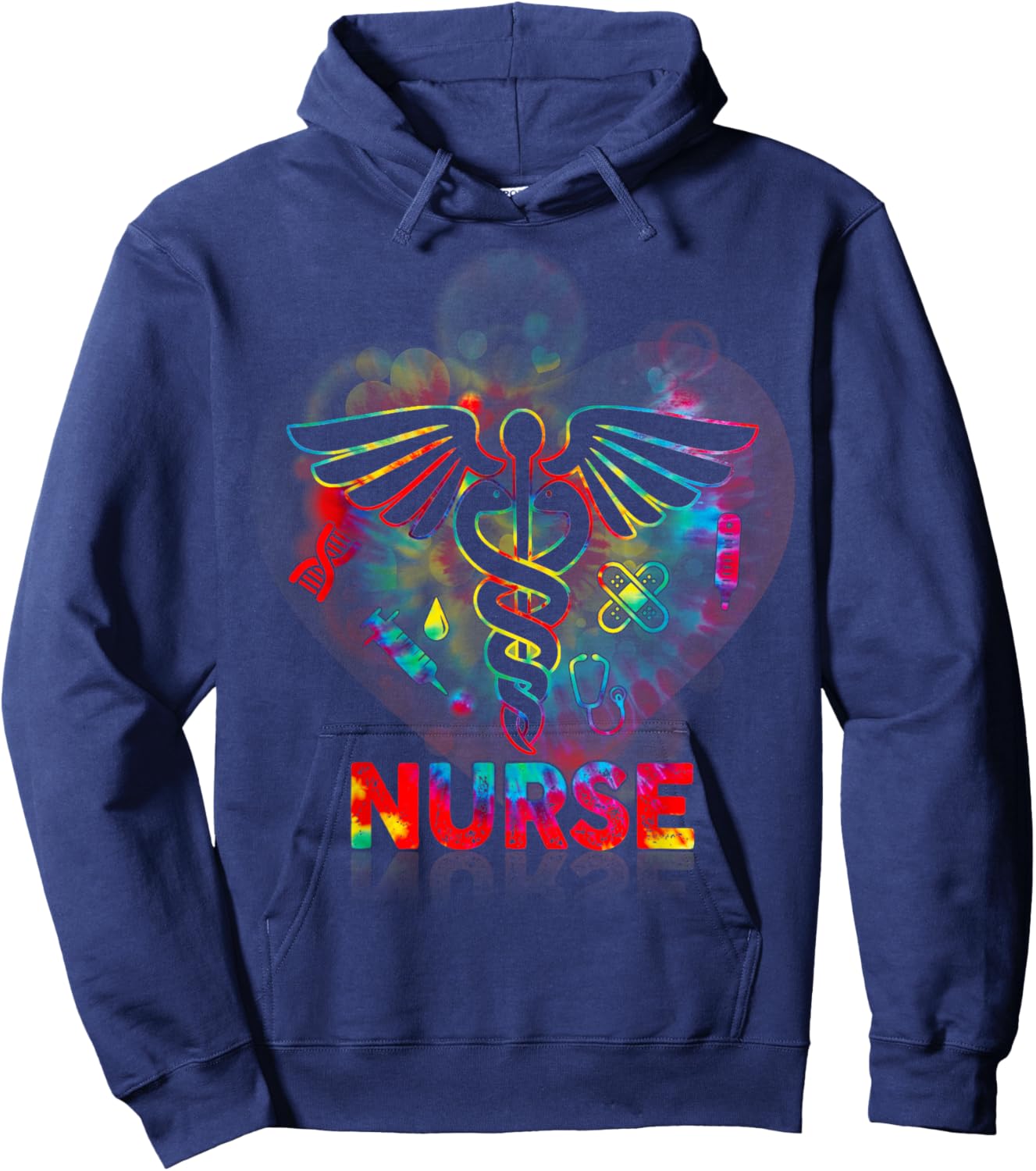 Nurse 365 Proud Nurse Tie Dye Caduceus Heartbeat Medical Hoodie - Hoodie | Navy