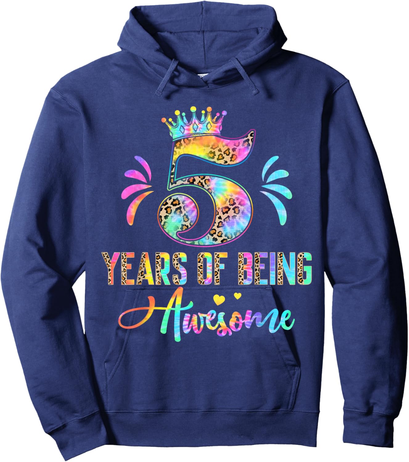 Kids Five Year Old Rainbow 5th Birthday Leopard For Girls 5 Hoodie - Hoodie | Navy