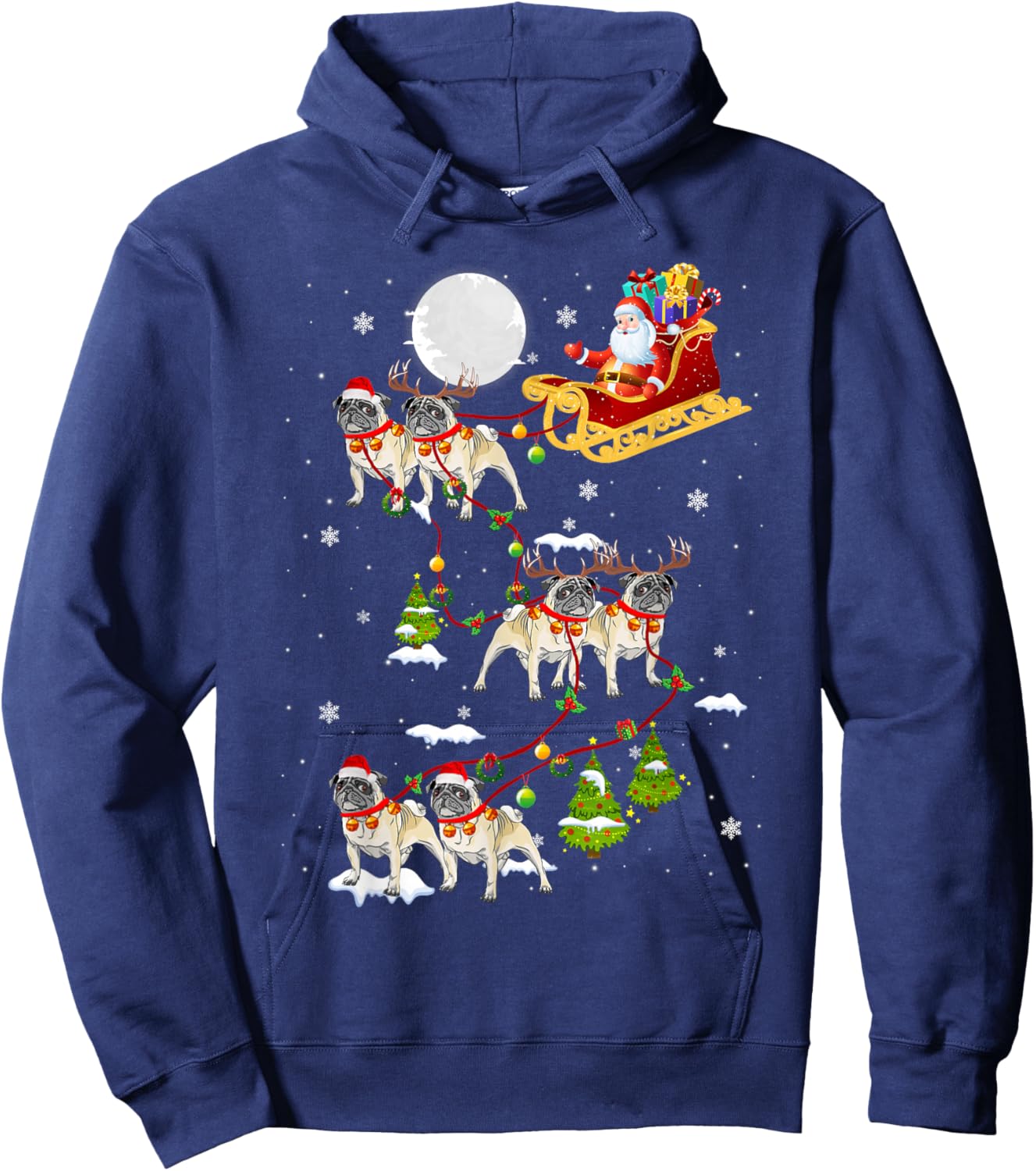 Santa Riding Pug Sleigh Christmas Pug Reindeer Hoodie - Hoodie | Navy