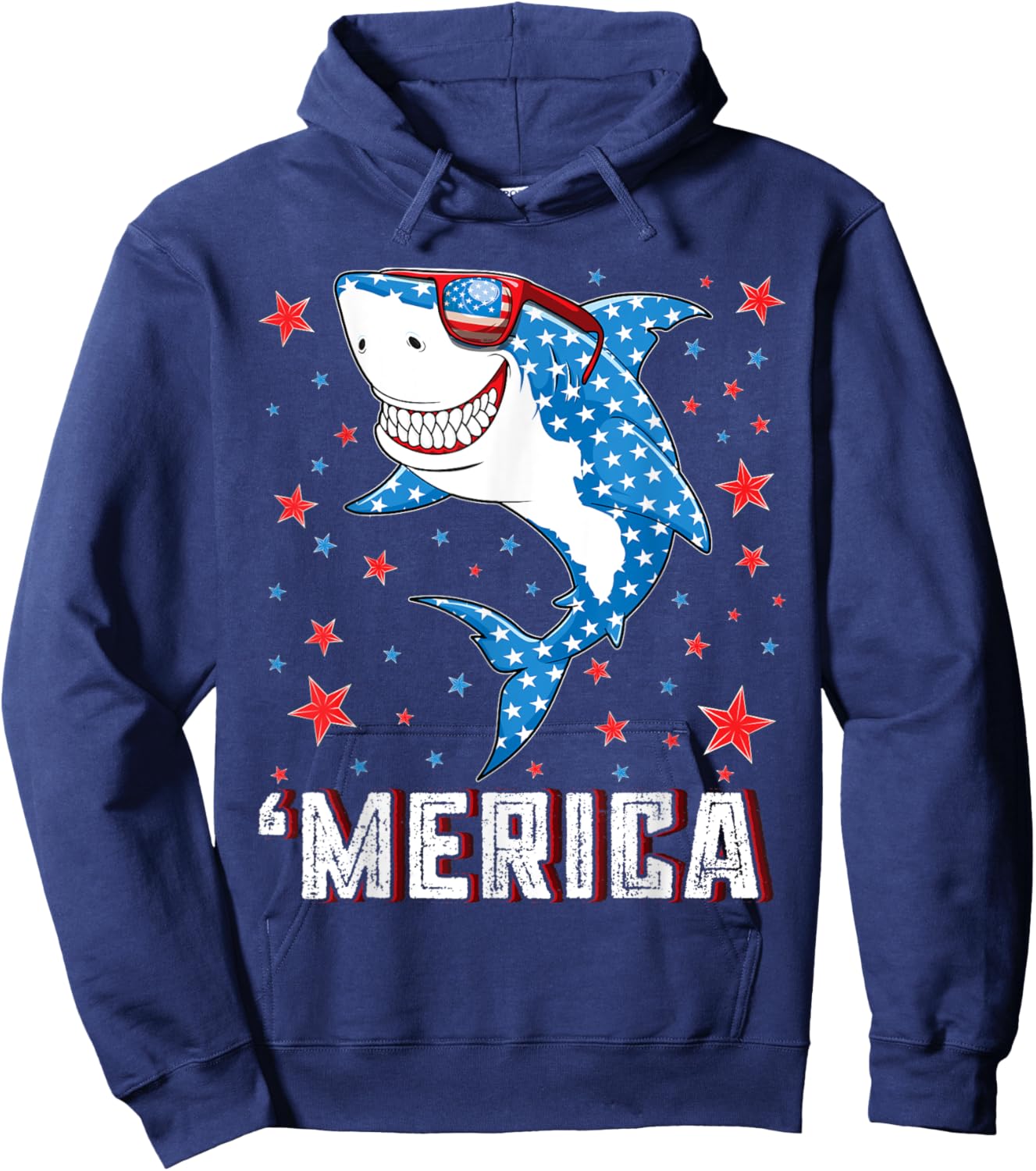 Shark 4th of July Boys Men Kids Youth Merica American Flag Hoodie - Hoodie | Navy