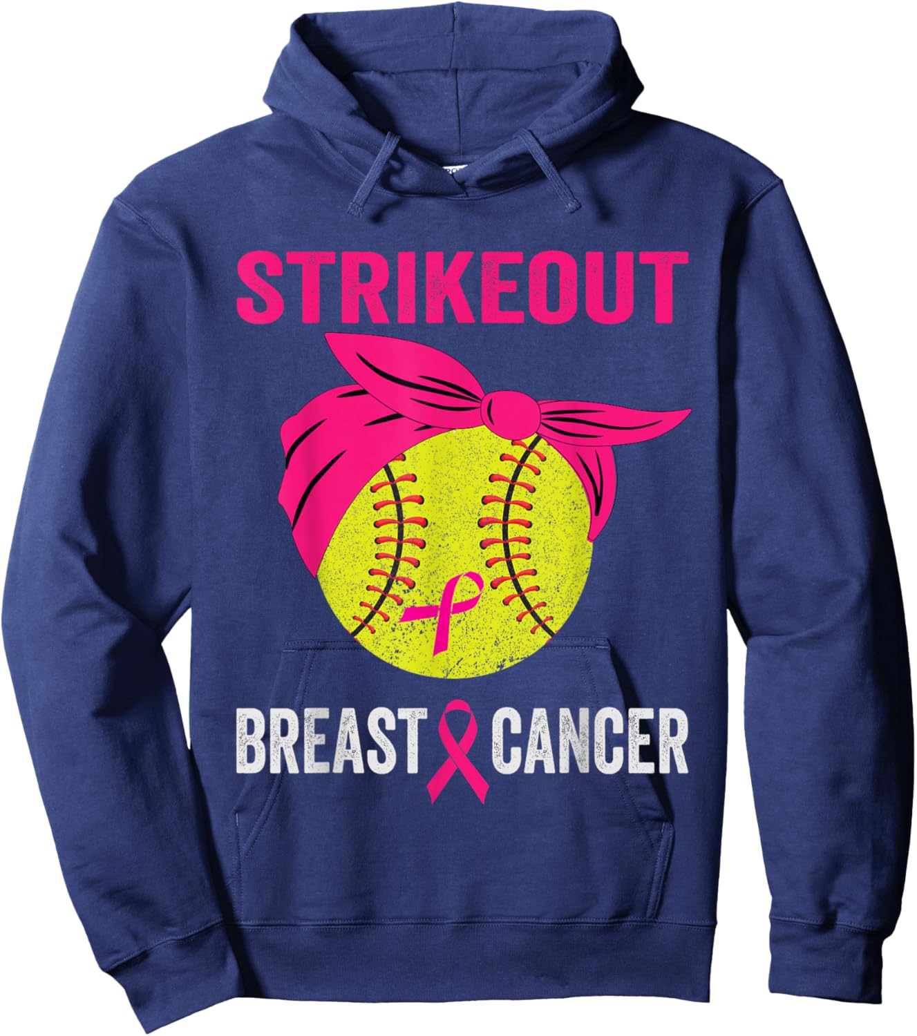 Strike Out Softball Breast Cancer Awareness Messy Bun Hoodie - Hoodie | Navy