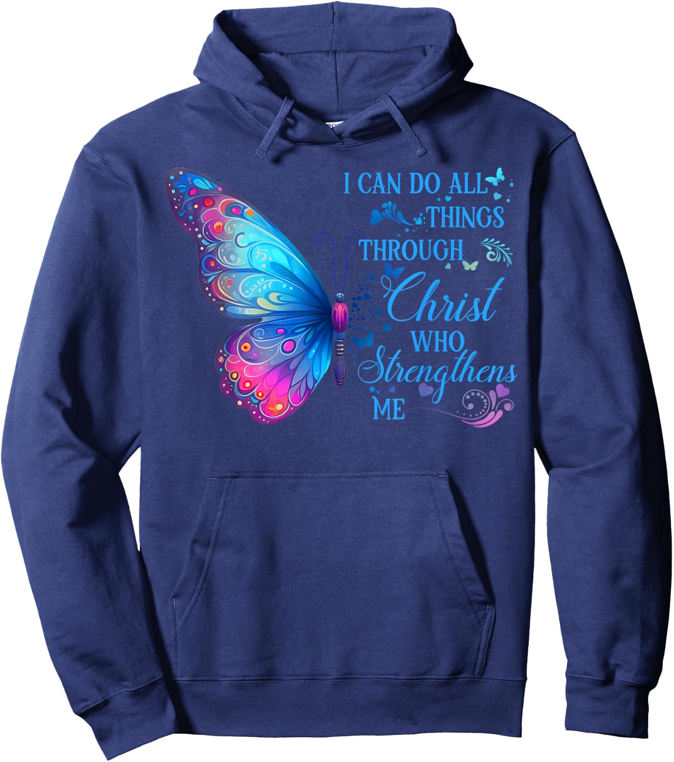 I Can Do All Things Through Christ Cyan Butterfly Christian Hoodie - Hoodie | Navy