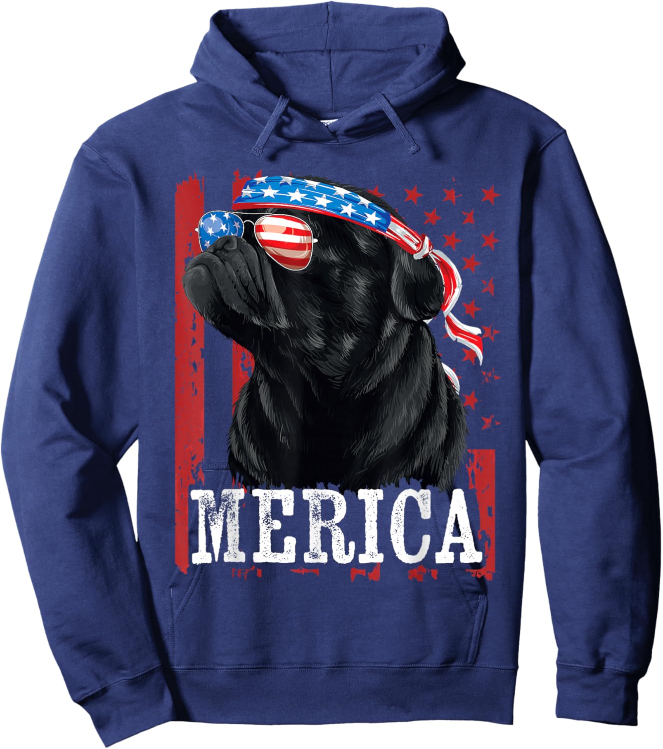 Funny Black Pug 4th of July Dog Mom Dog Dad Merica USA Flag Hoodie - Hoodie | Navy