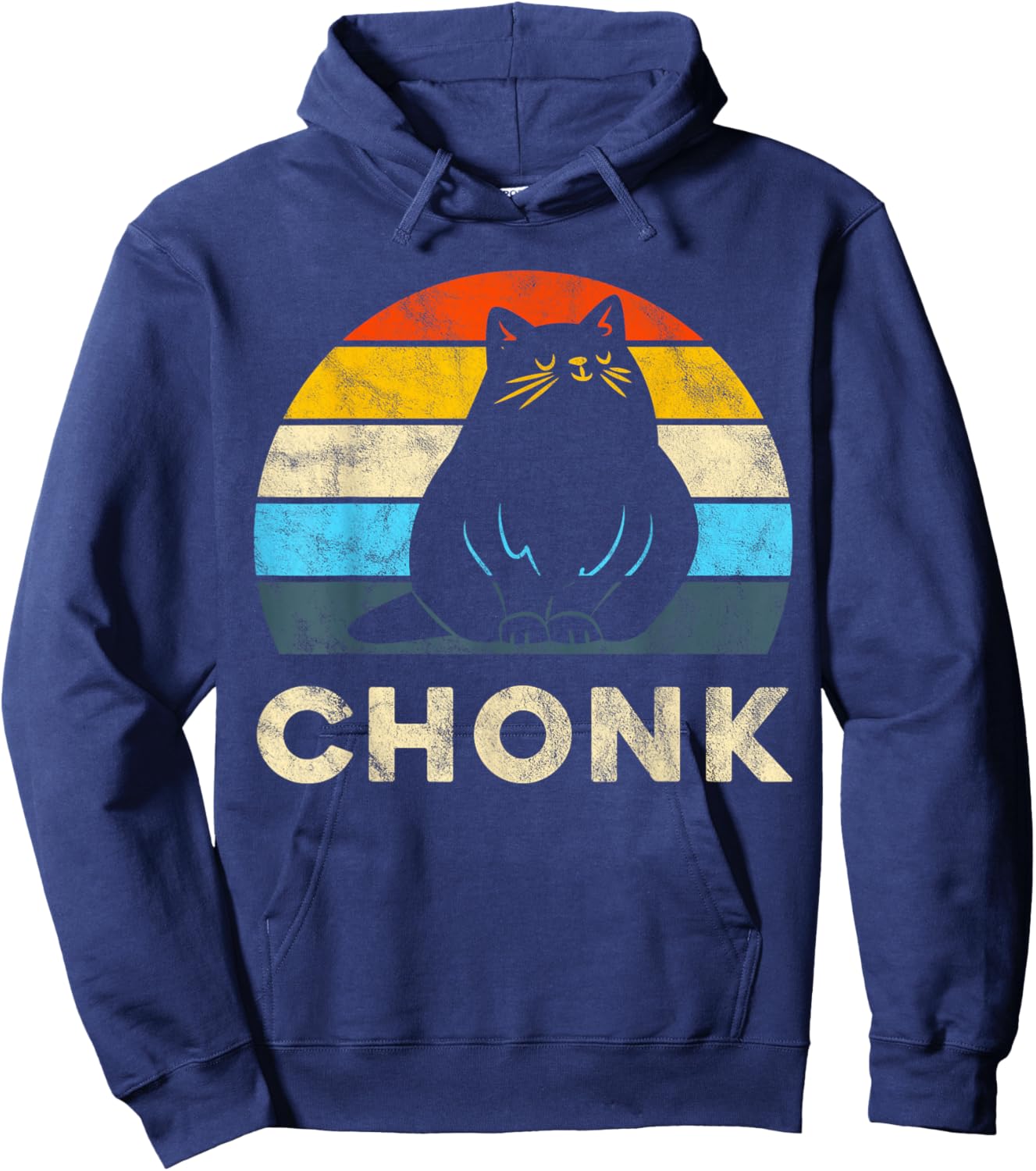 Retro Vintage Sunset Funny Cat Meme Chonk Cat for Cat Lover Hoodie - Hoodie | Navy