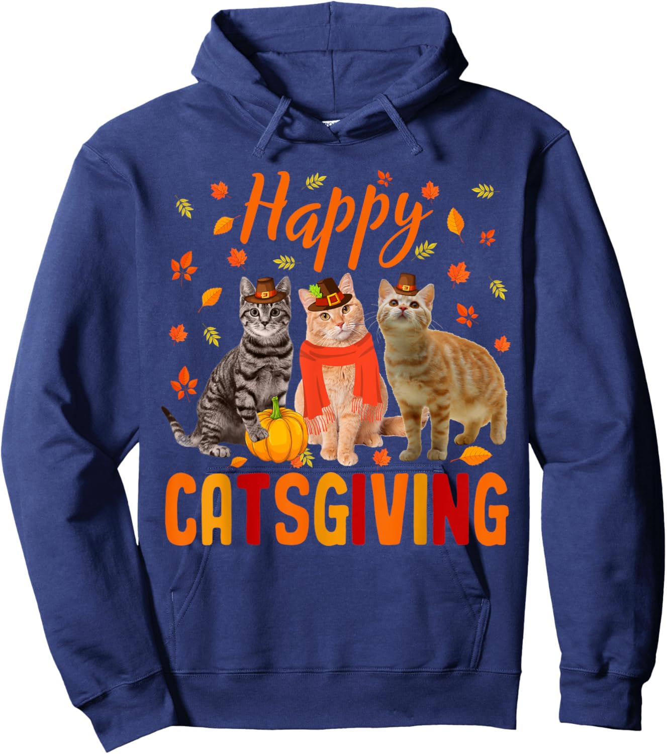 Happy Catsgiving Cute Thanksgiving Cat Wears Pilgrim Hat Hoodie - Hoodie | Navy