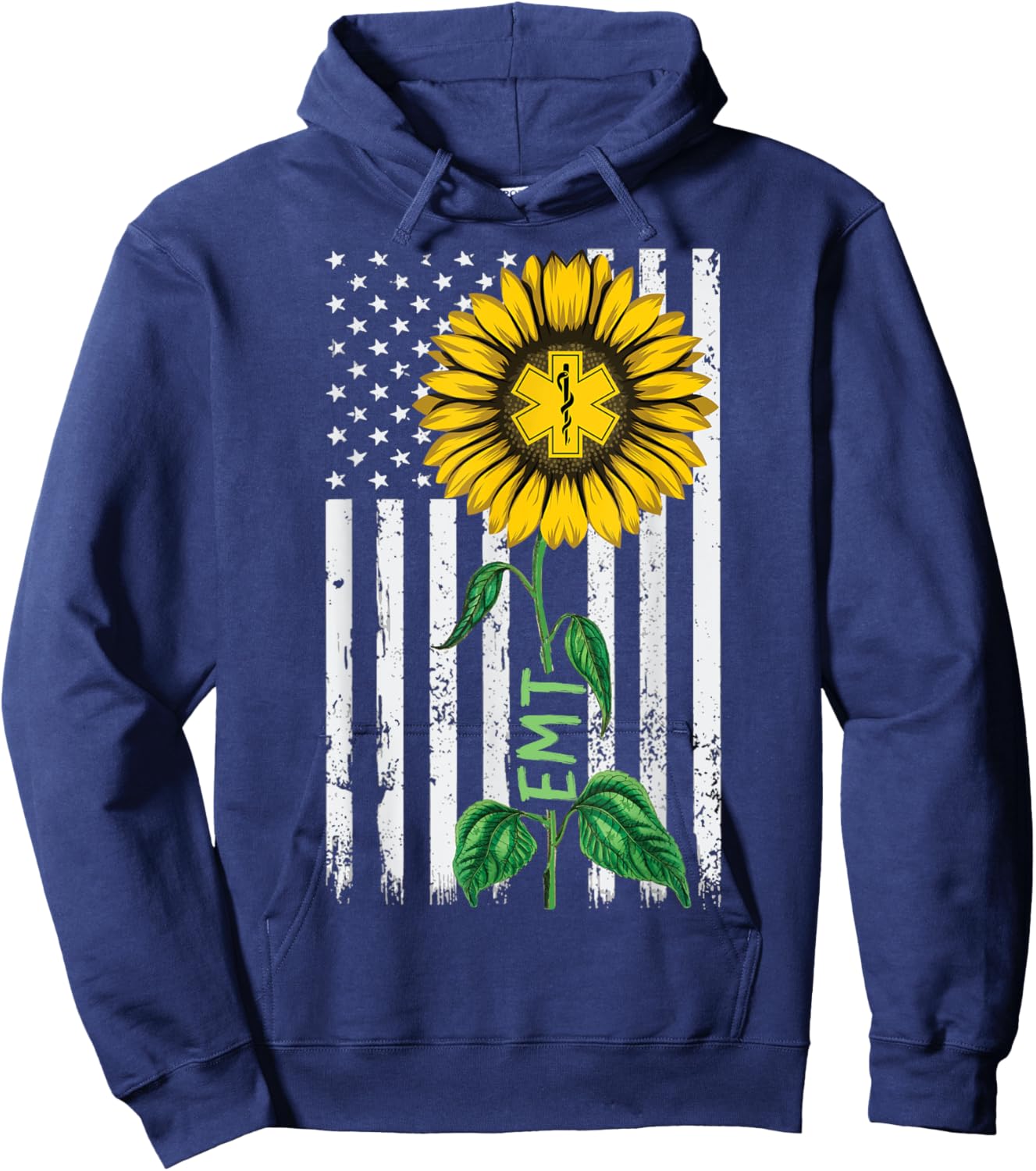 Vintage American Flag EMT Sunflower Hippie EMT Nurse Gifts Women Kids Men Hoodie - Hoodie | Navy
