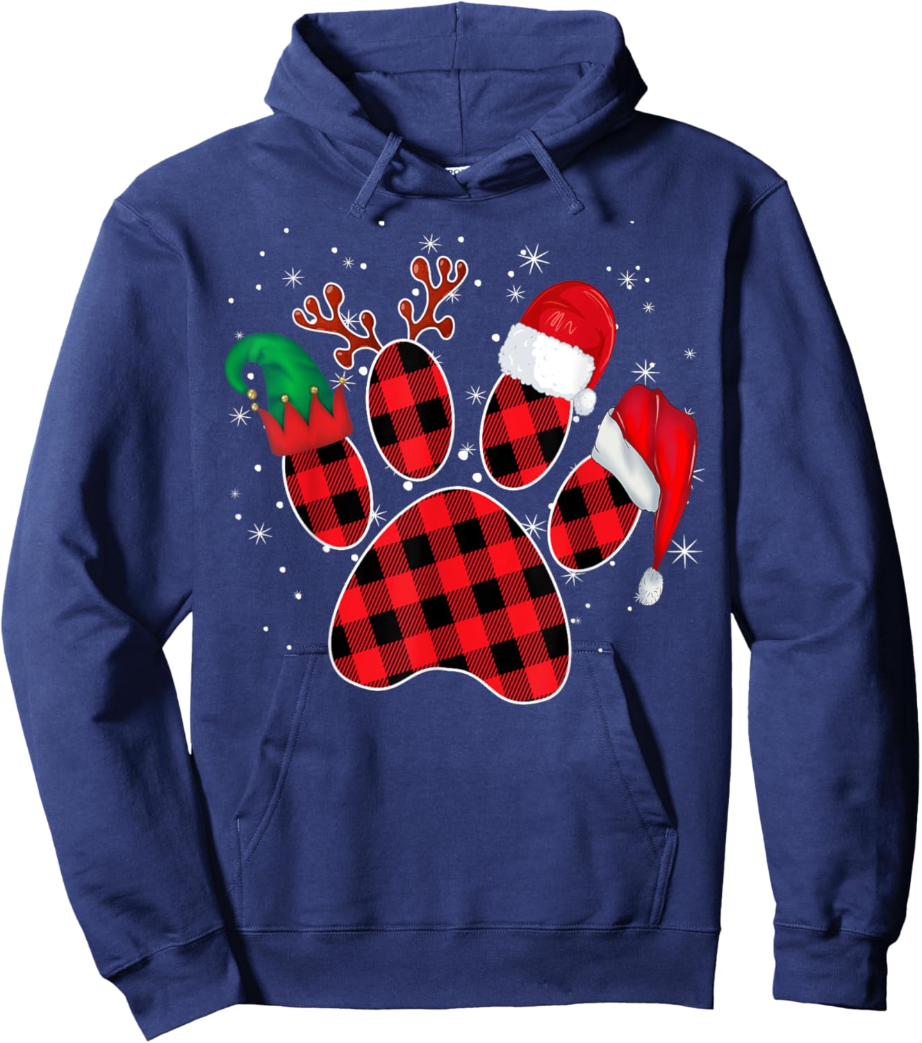 Dog Paws Christmas Buffalo Plaid Paw Santa Elf Reindeer Fun Women Kids Hoodie - Hoodie | Navy