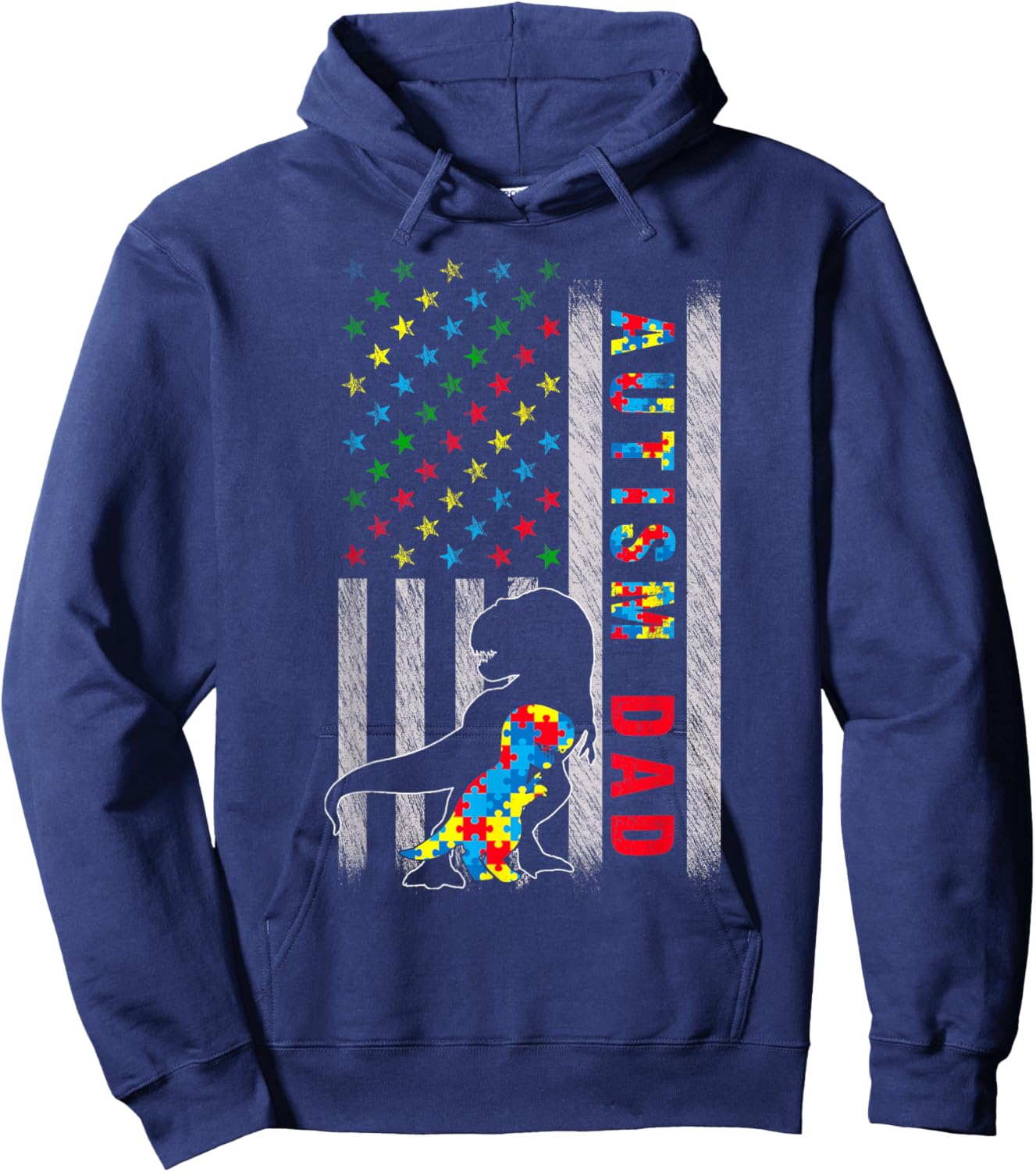 Autism Dad US Flag Dinosaur Autism Awareness Hoodie - Hoodie | Navy